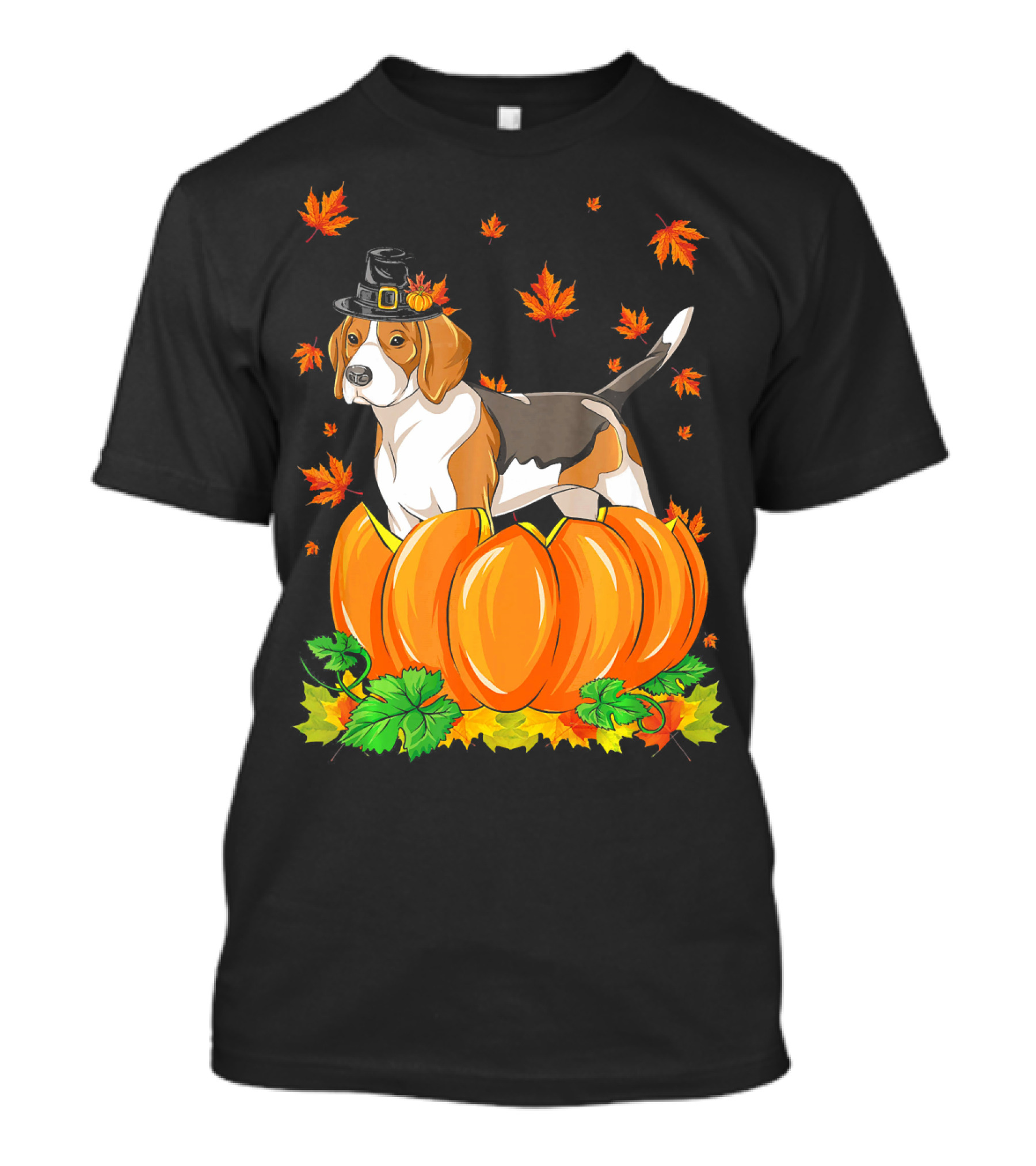 Thanksgiving Beagle Dog Pilgrim Hat Pumpkin Leaves T-Shirt
