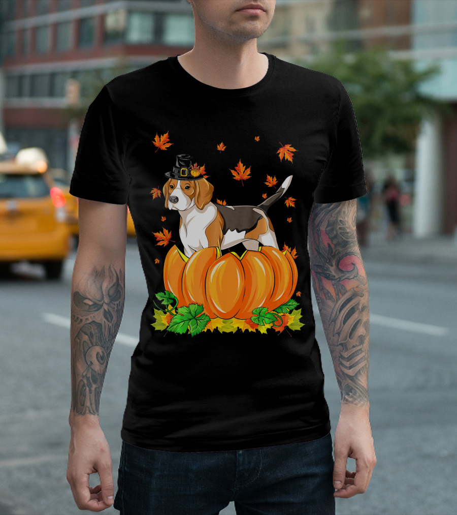 Thanksgiving Beagle Dog Pilgrim Hat Pumpkin Leaves T-Shirt