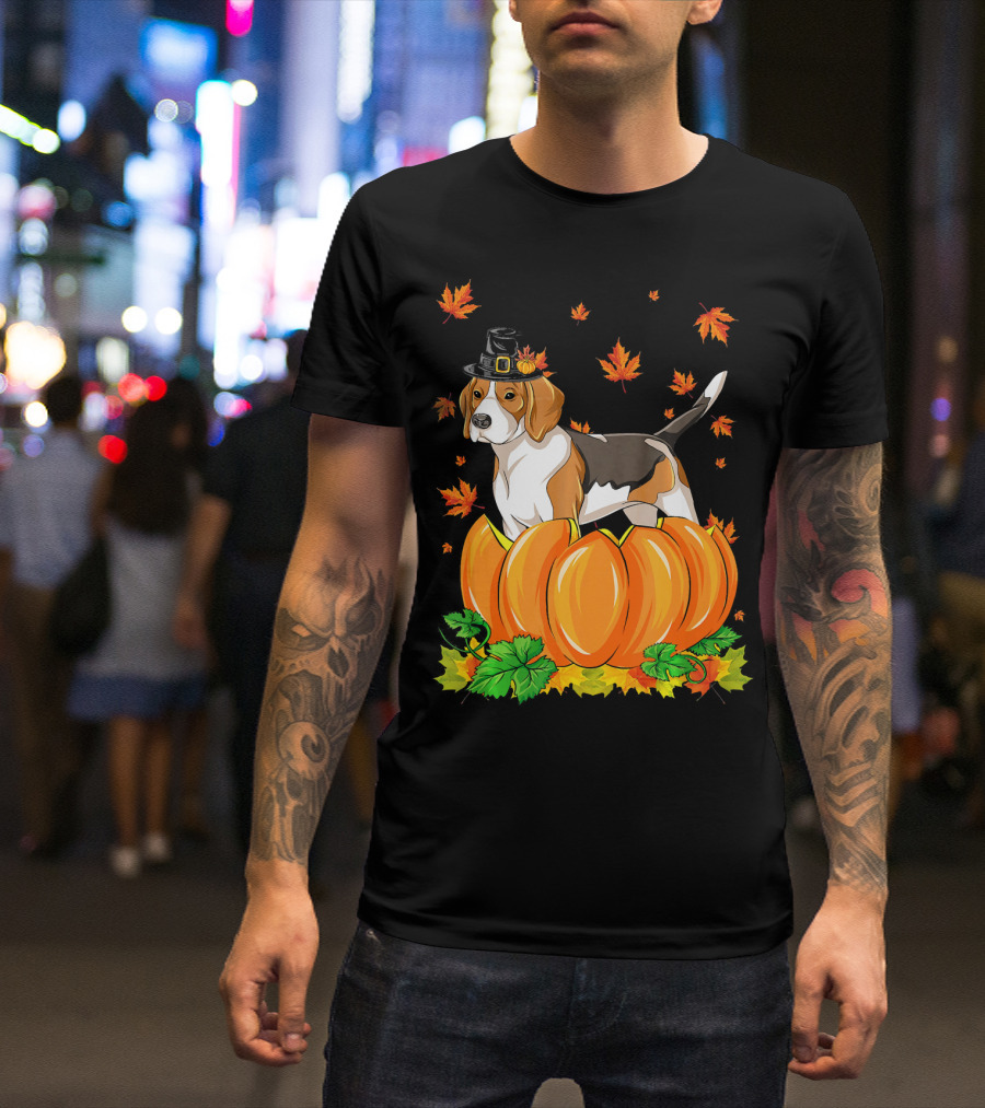 Thanksgiving Beagle Dog Pilgrim Hat Pumpkin Leaves T-Shirt