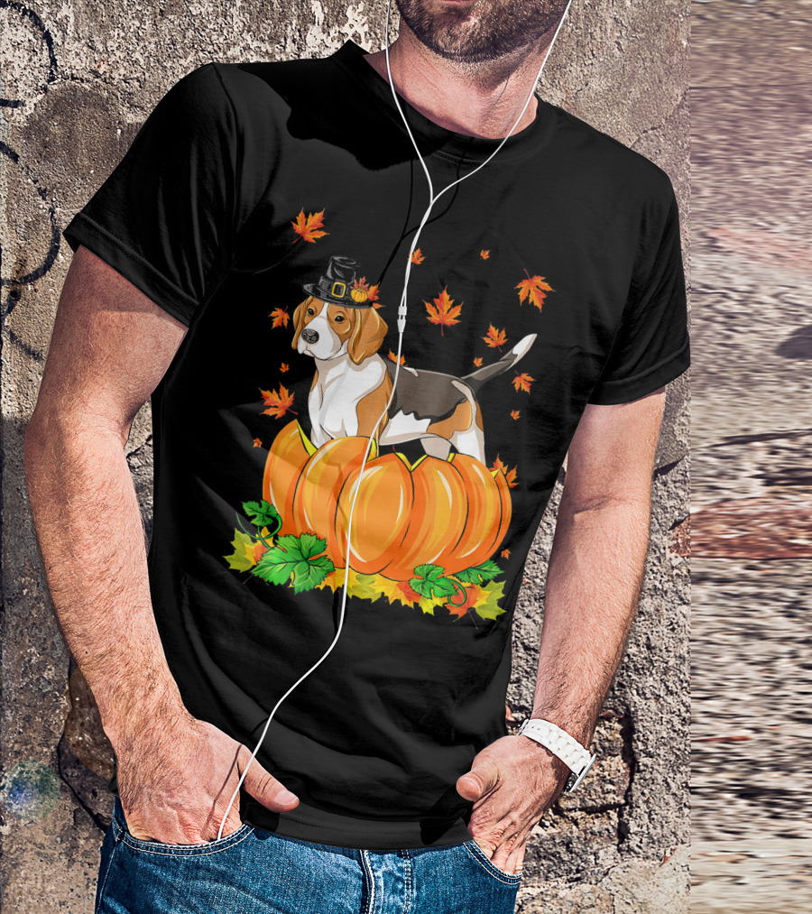 Thanksgiving Beagle Dog Pilgrim Hat Pumpkin Leaves T-Shirt