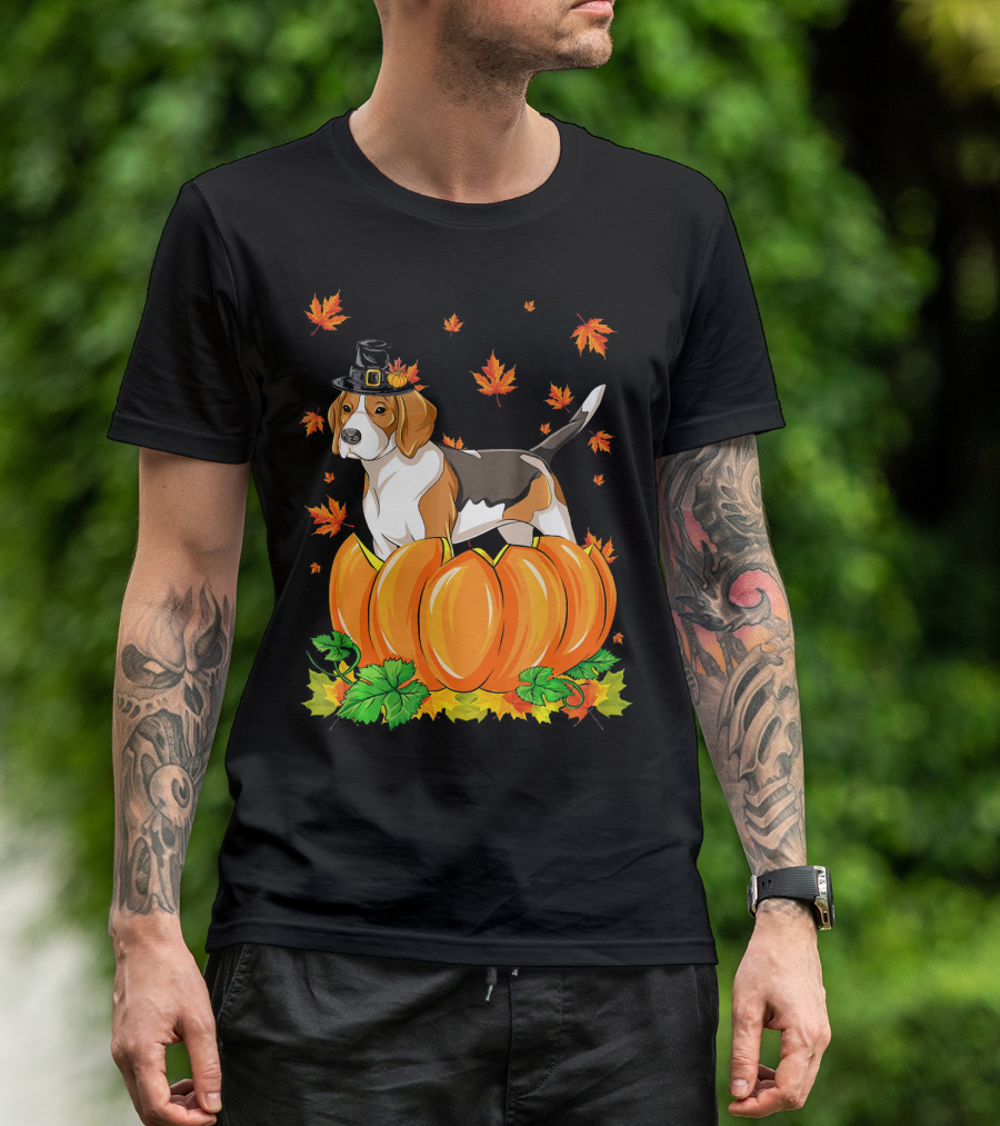 Thanksgiving Beagle Dog Pilgrim Hat Pumpkin Leaves T-Shirt