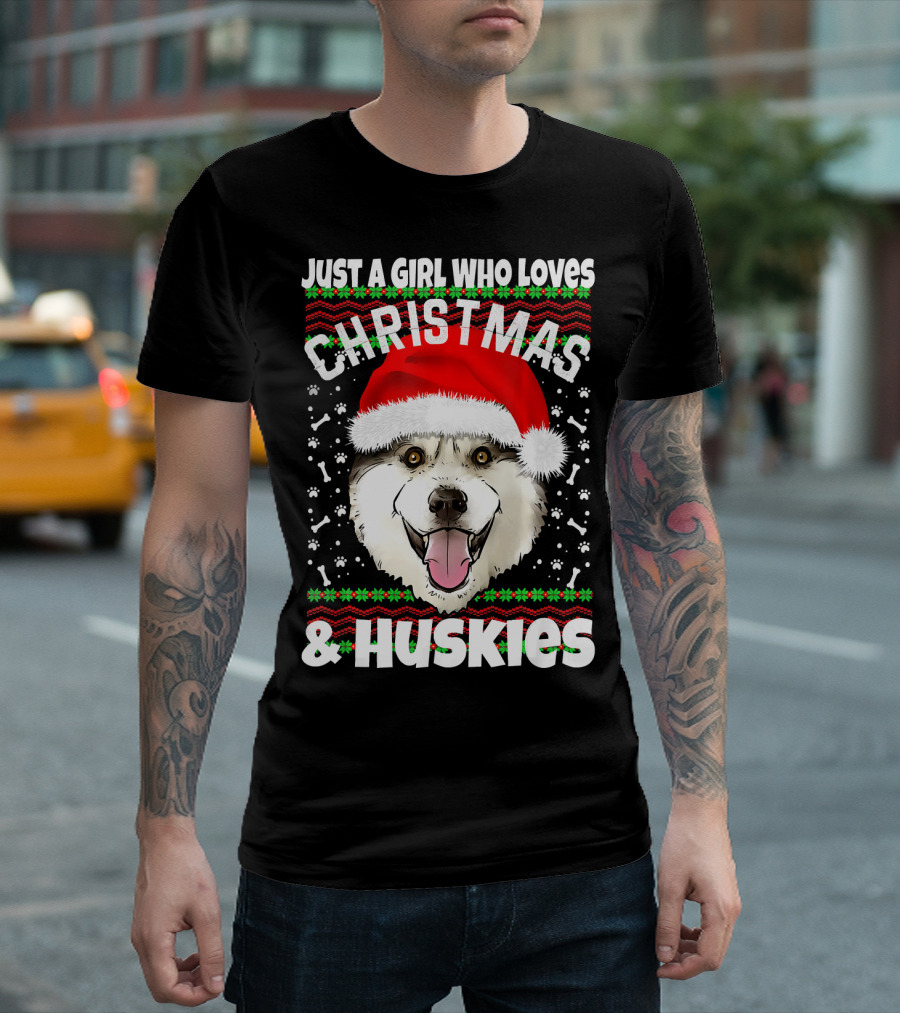 Just A Girl Who Loves Christmas Huskies Santa T-Shirt