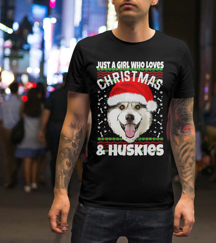 Just A Girl Who Loves Christmas Huskies Santa T-Shirt