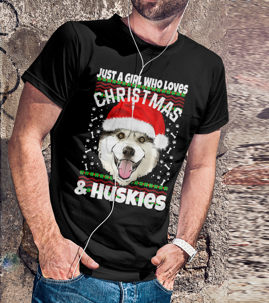 Just A Girl Who Loves Christmas Huskies Santa T-Shirt