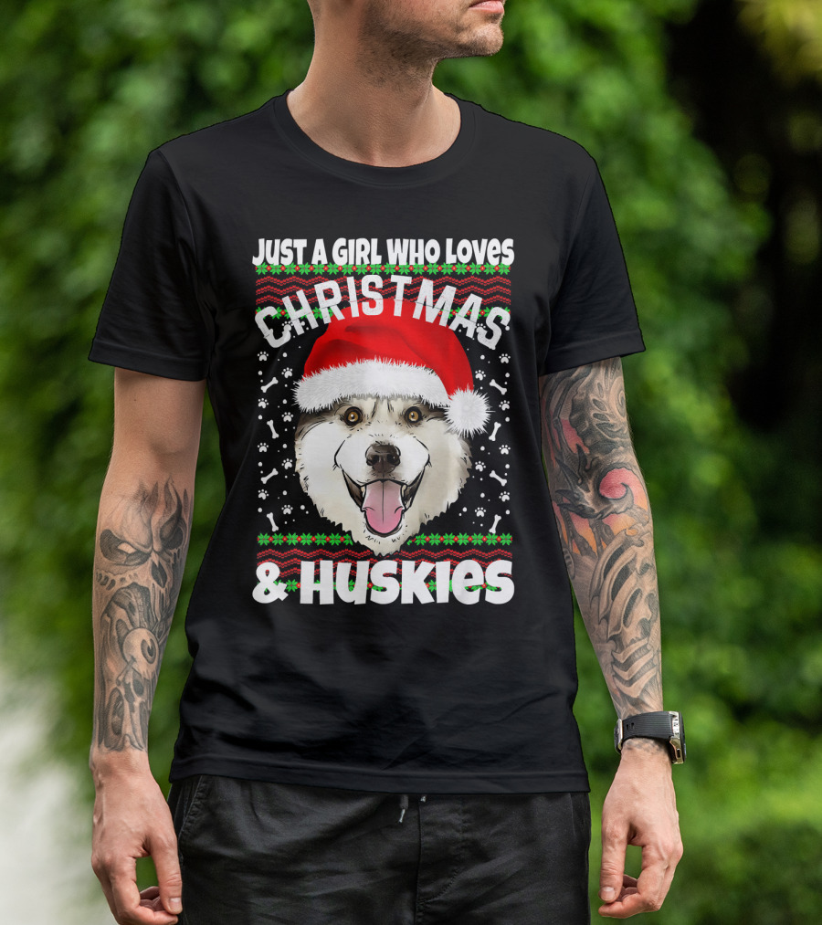 Just A Girl Who Loves Christmas Huskies Santa T-Shirt