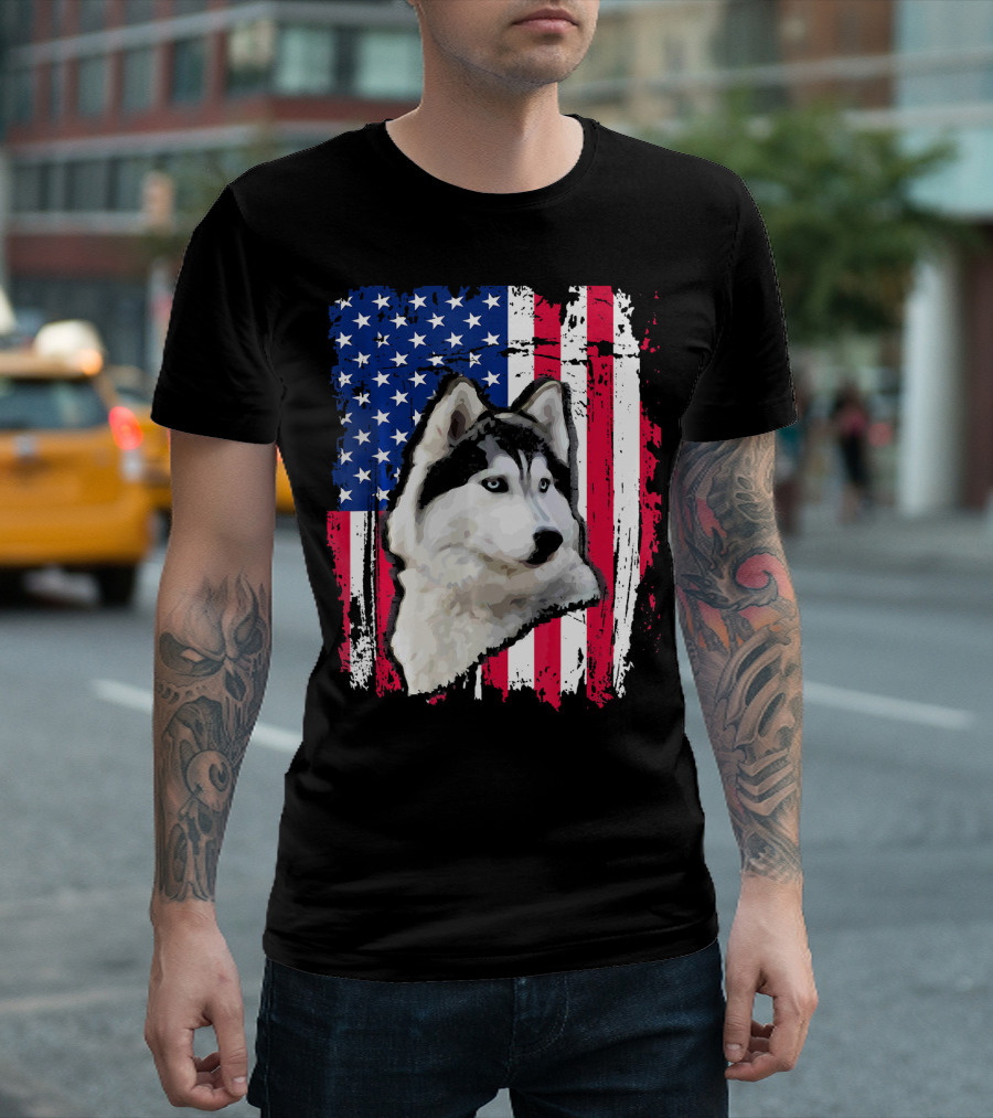 Siberian Husky American Flag Independence Day T-Shirt