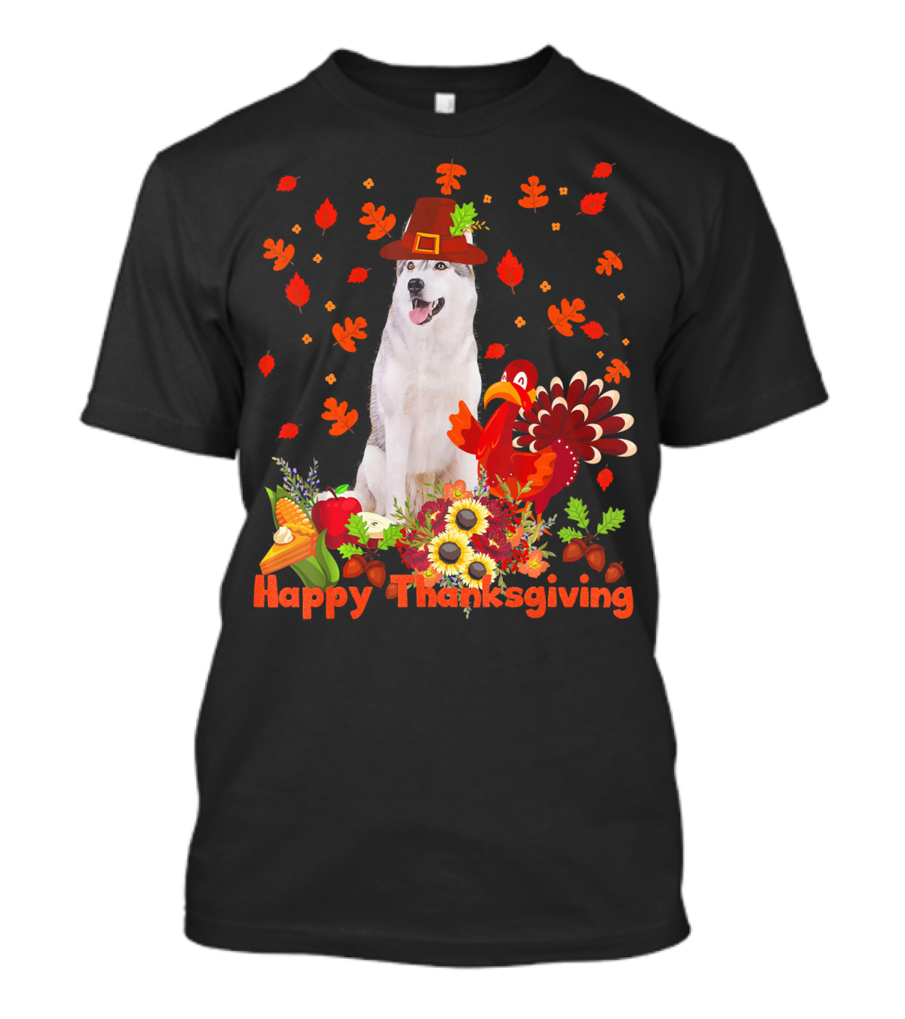 Siberian Husky Happy Thanksgiving With Pilgrim Hat Turkey And Autumn Leaves T-Shirt