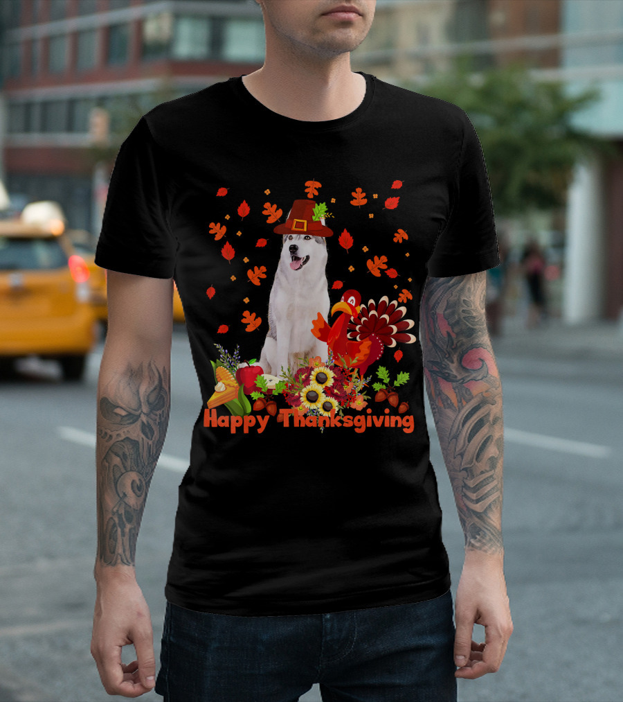 Siberian Husky Happy Thanksgiving With Pilgrim Hat Turkey And Autumn Leaves T-Shirt