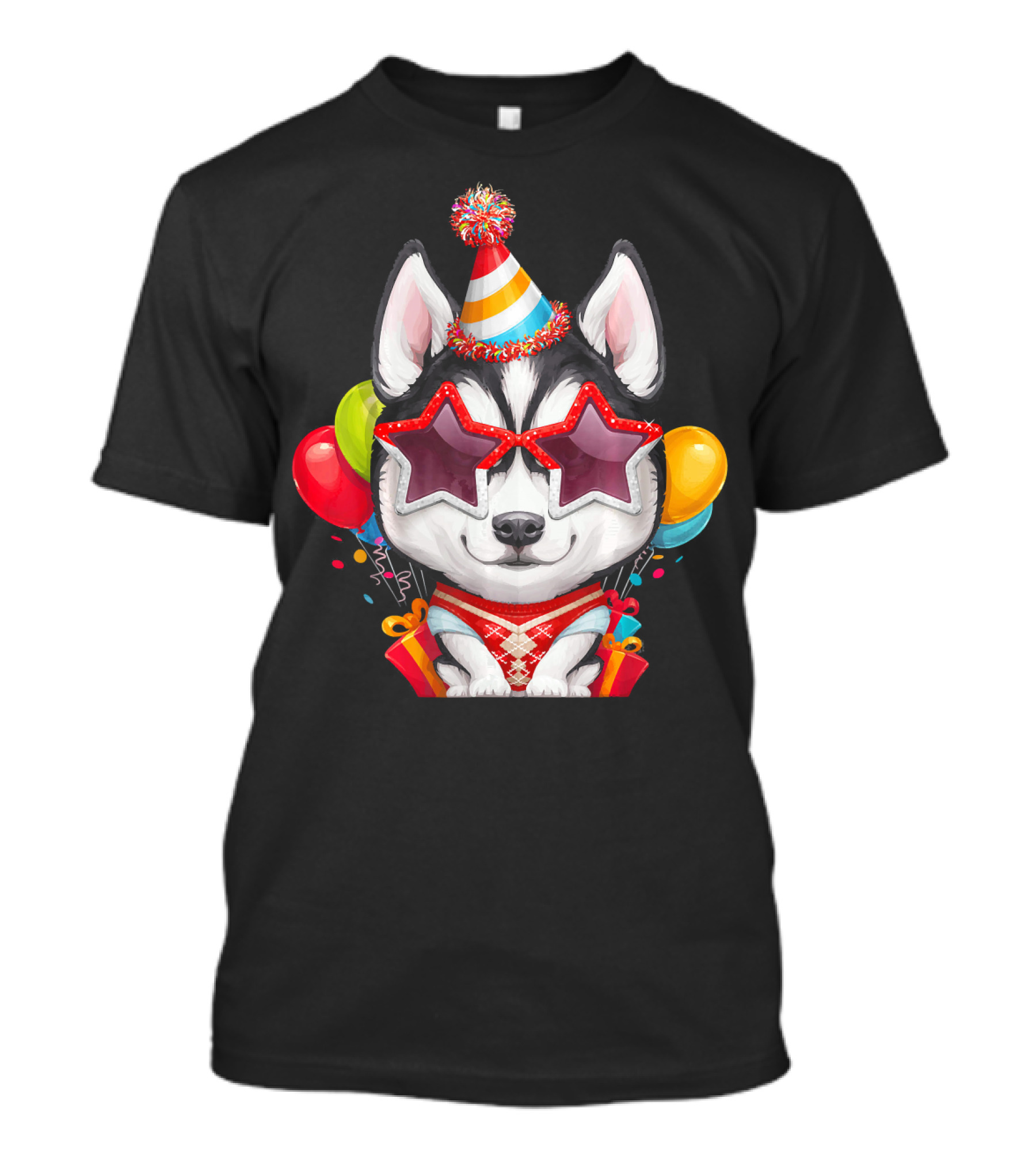 Siberian Husky Wearing Star Glasses And Party Hat With Colorful Balloons Birthday T-Shirt
