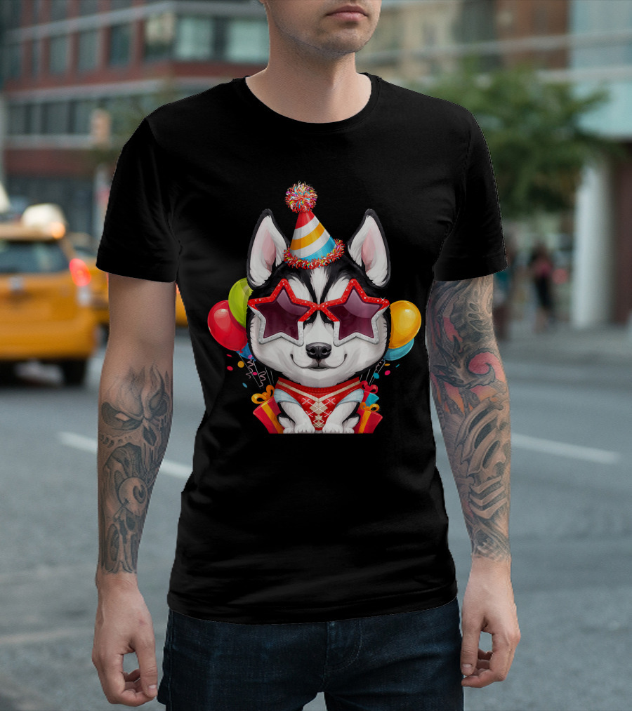 Siberian Husky Wearing Star Glasses and Party Hat with Colorful Balloons Birthday T-Shirt