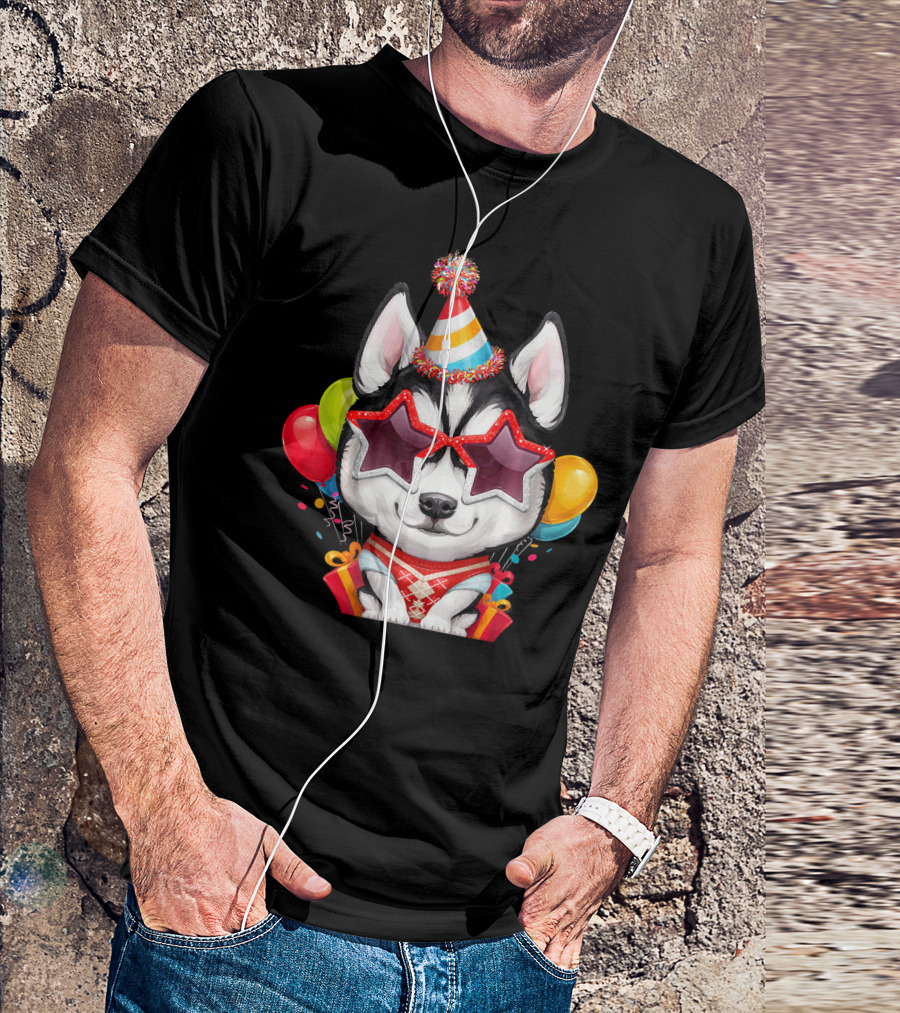 Siberian Husky Wearing Star Glasses And Party Hat With Colorful Balloons Birthday T-Shirt
