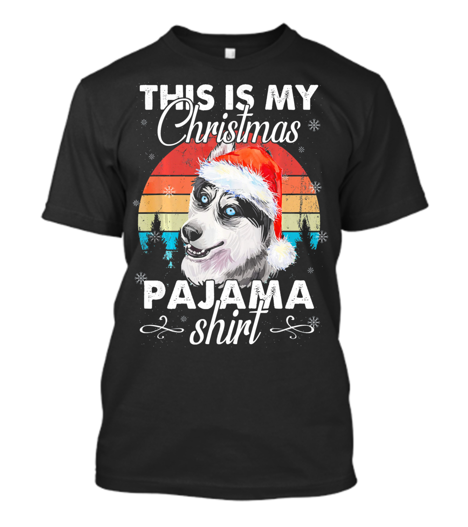 This Is My Christmas Pajama Shirt Husky Dog Santa Hat Retro Sunset T-Shirt
