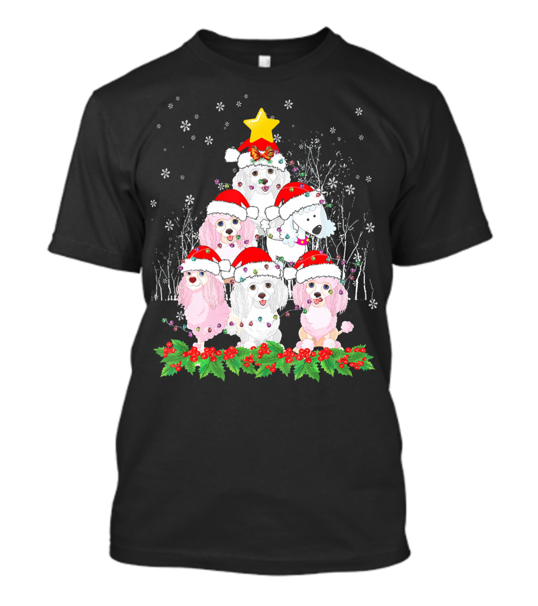 Standard Poodle Christmas Tree Holiday Snowflakes And Santa Hats T-Shirt