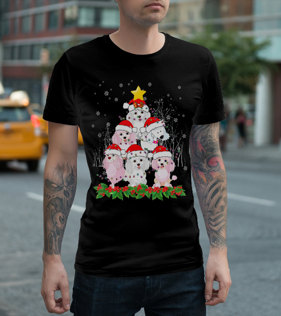 Standard Poodle Christmas Tree Holiday Snowflakes And Santa Hats T-Shirt