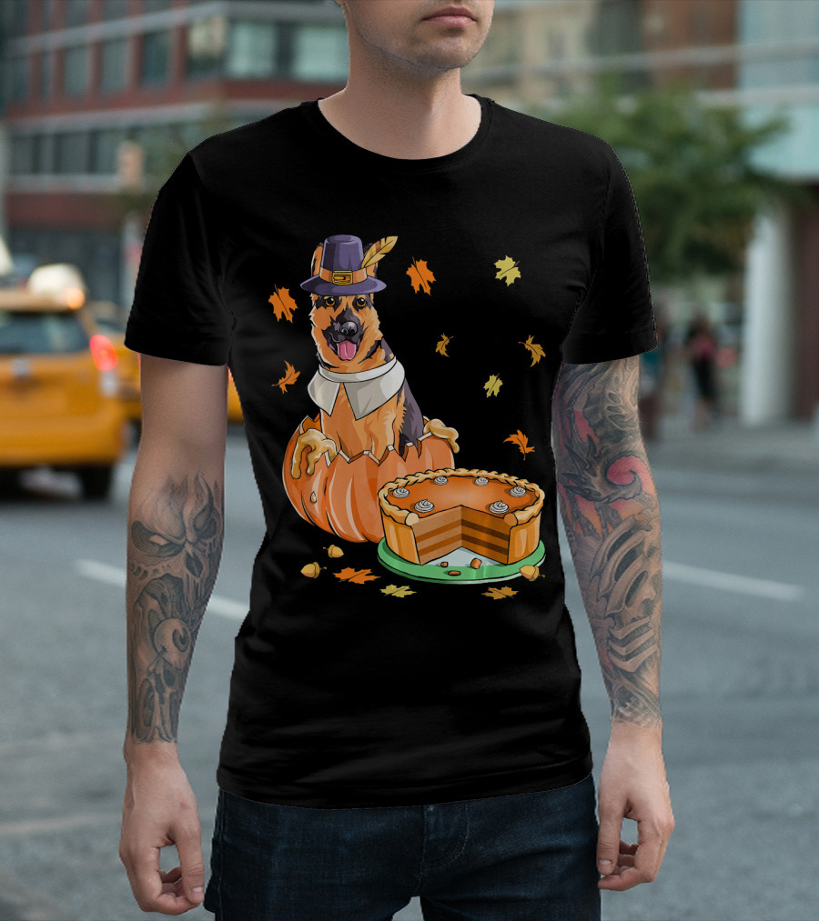 Thanksgiving Halloween Pumpkin German Shepherd Pilgrim Hat Autumn Leaves Pie T-Shirt