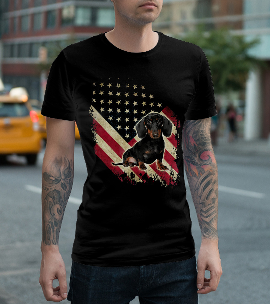Patriotic Dachshund on American Flag for 4th of July T-Shirt