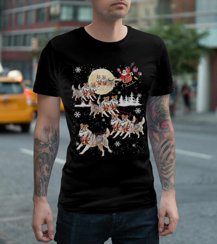 Santa Sleigh Siberian Husky Dog Merry Christmas Moon Snowflakes T-Shirt