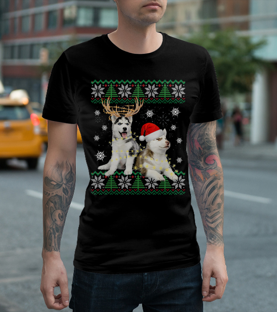 Siberian Husky Ugly Christmas Dog with Santa Hat and Reindeer Antlers T-Shirt