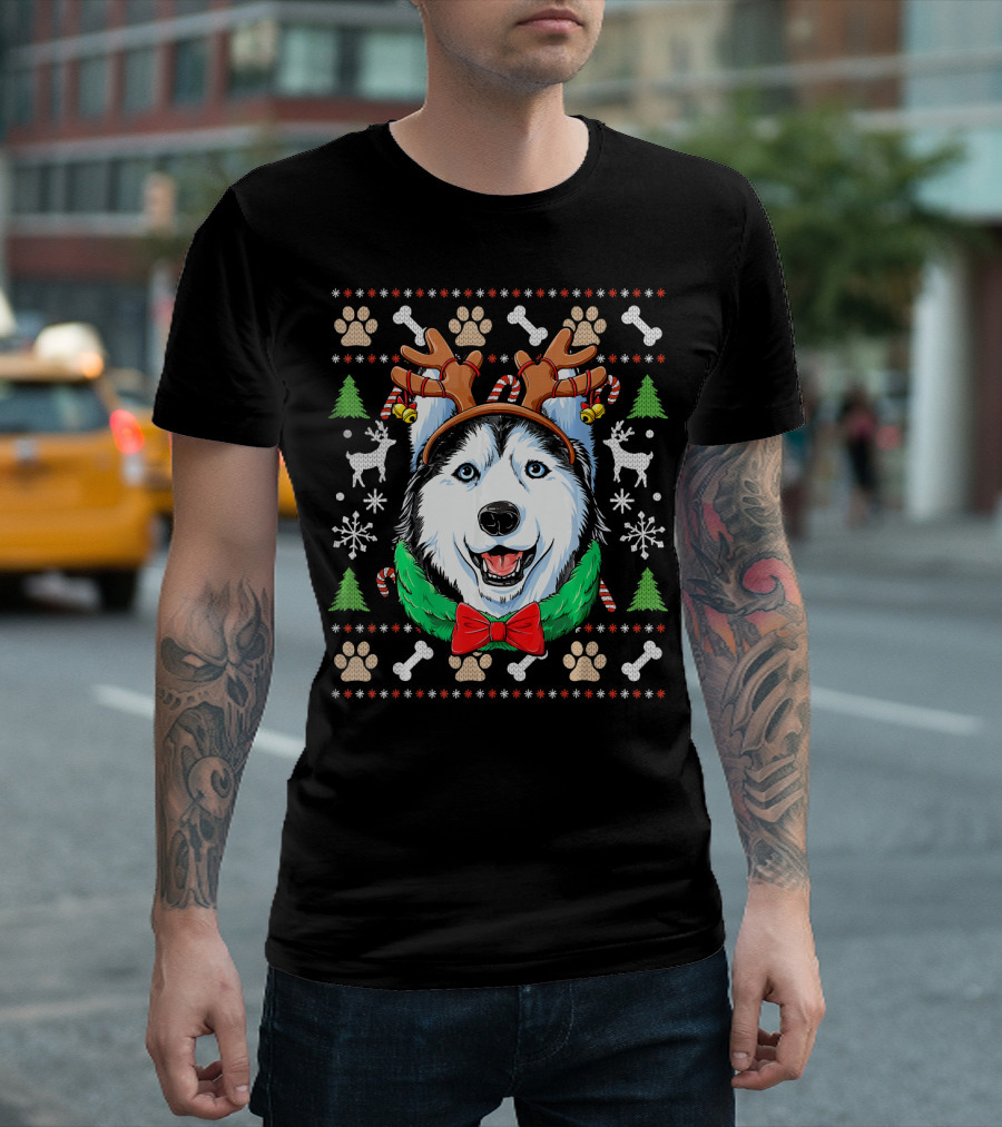 Siberian Husky Ugly Christmas Sweater with Reindeer Antlers and Festive Icons T-Shirt