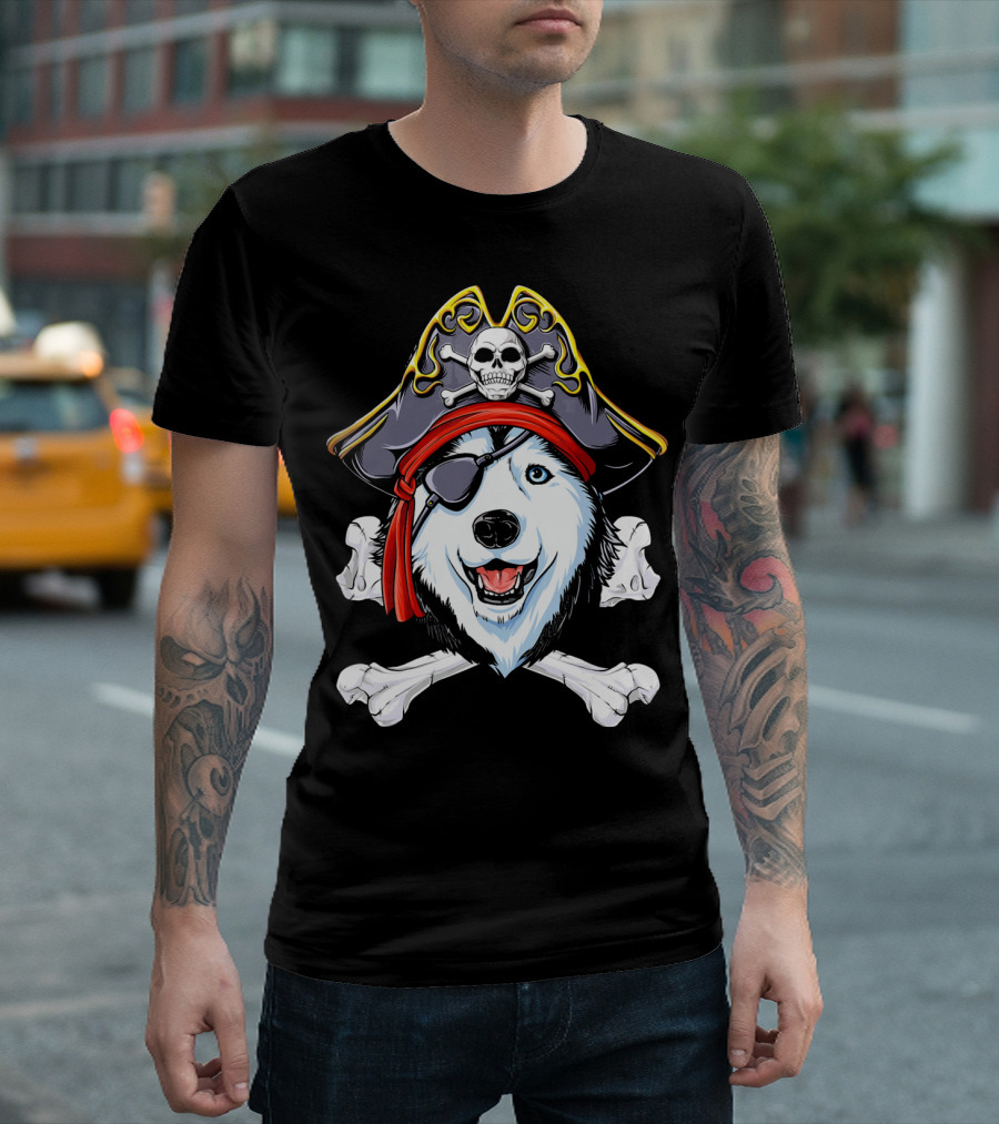 Siberian Husky Pirate Jolly Roger with Skull and Crossbones Bandana Eye Patch T-Shirt