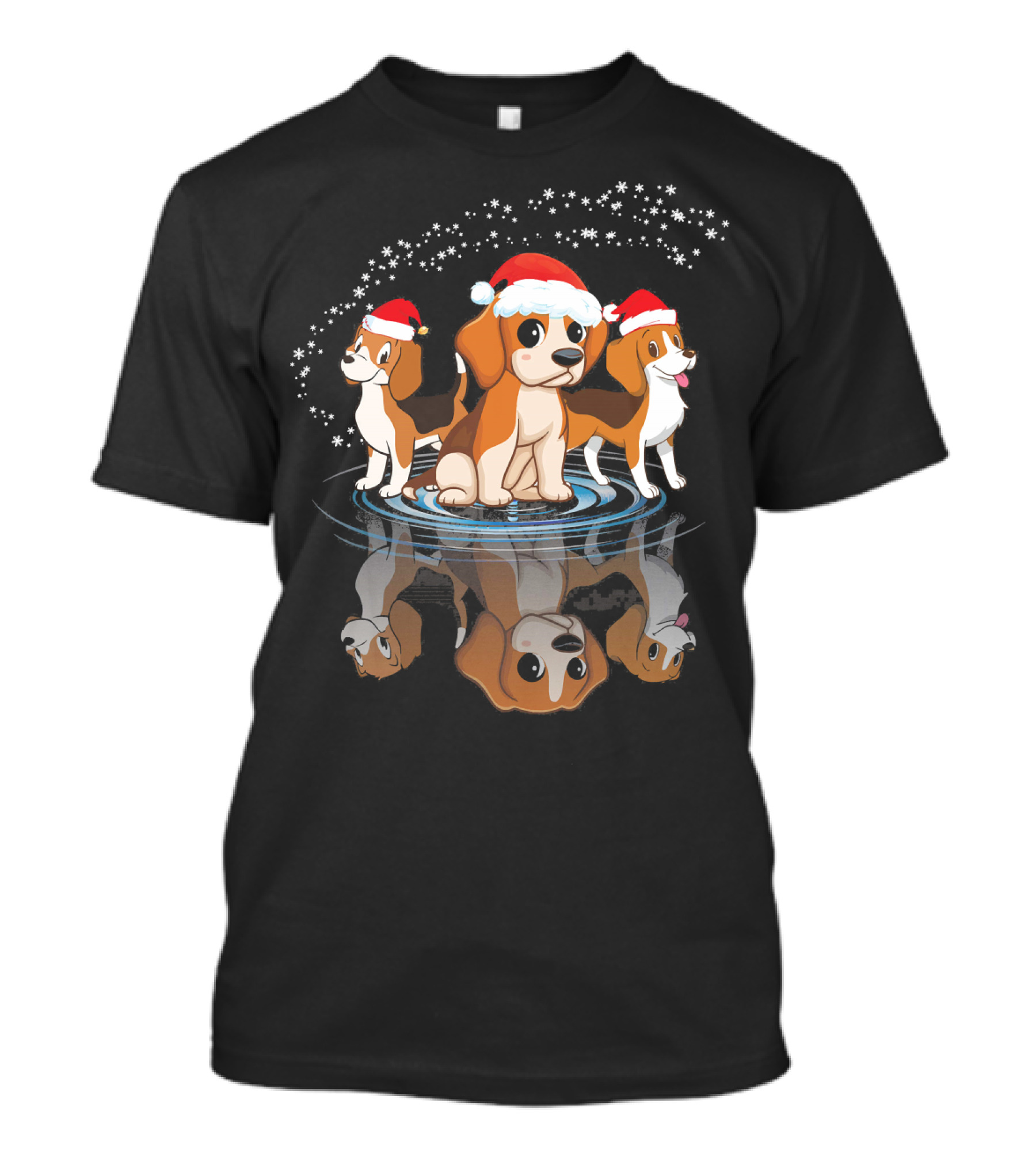Three Beagle Dogs Snowy Noel Santa Hats Reflections T-Shirt