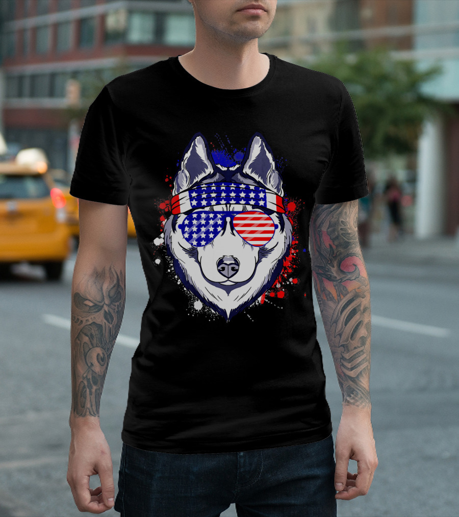 Siberian Husky Patriotic American Flag Bandana And Sunglasses 4th Of July T-Shirt