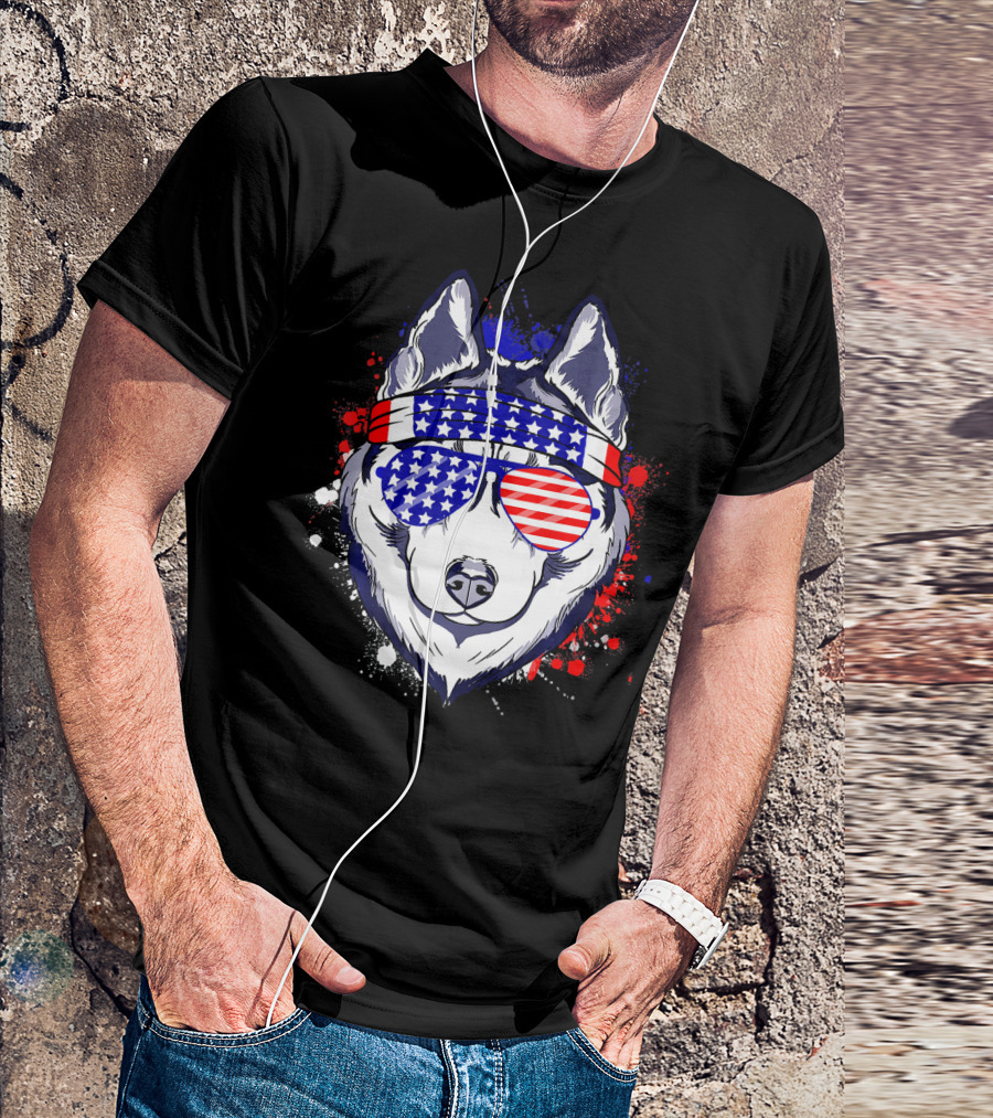 Siberian Husky Patriotic American Flag Bandana And Sunglasses 4th Of July T-Shirt