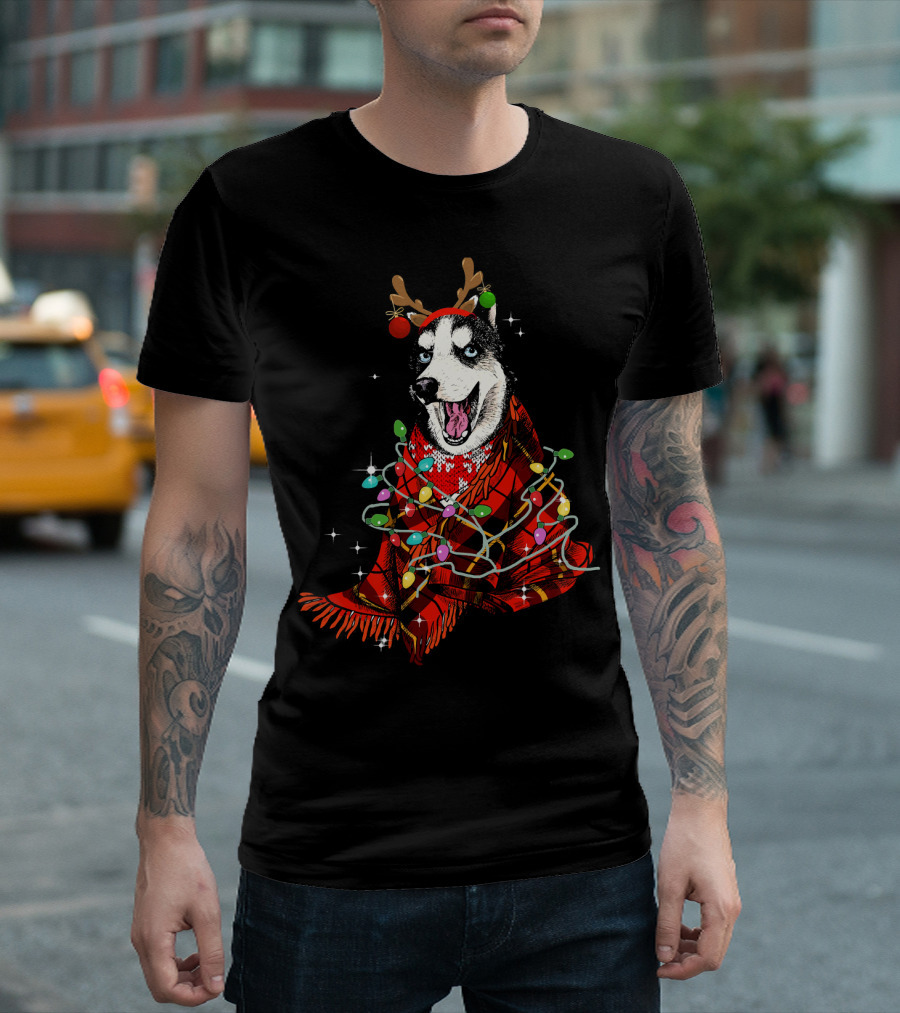 Siberian Husky with Reindeer Antlers and Christmas Lights Wrapping T-Shirt