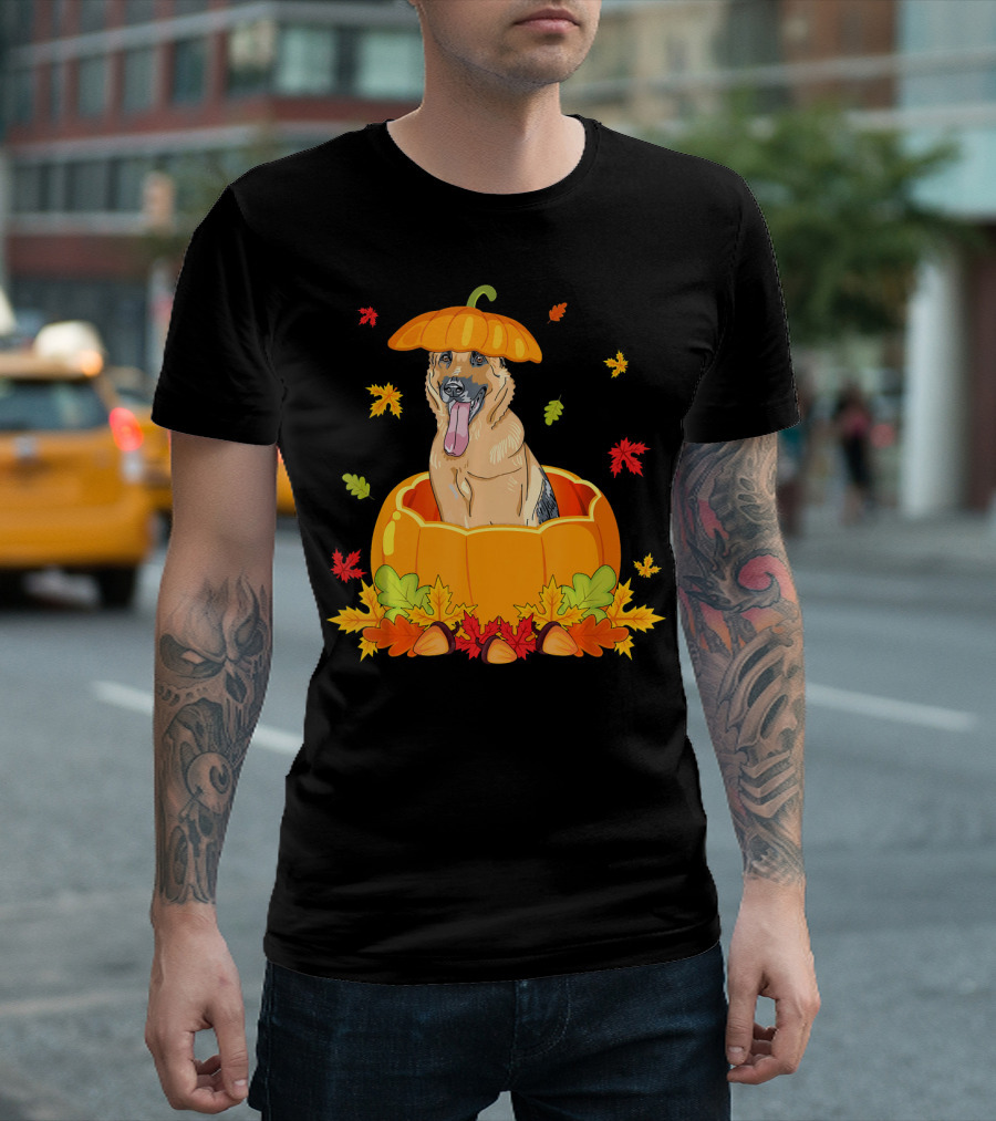 Thanksgiving Cute German Shepherd Pumpkin with Autumn Leaves T-Shirt