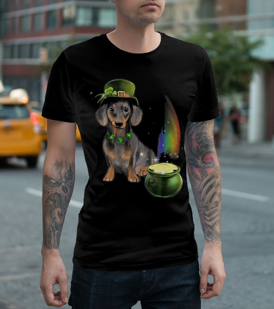 St Patricks Day Dachshund With Leprechaun Hat Pot Of Gold And Rainbow T-Shirt