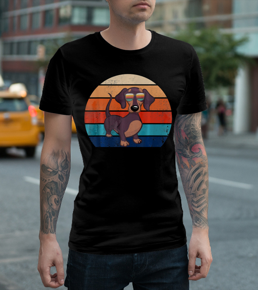 Vintage Retro Dachshund With Striped Sunset Glasses T-Shirt