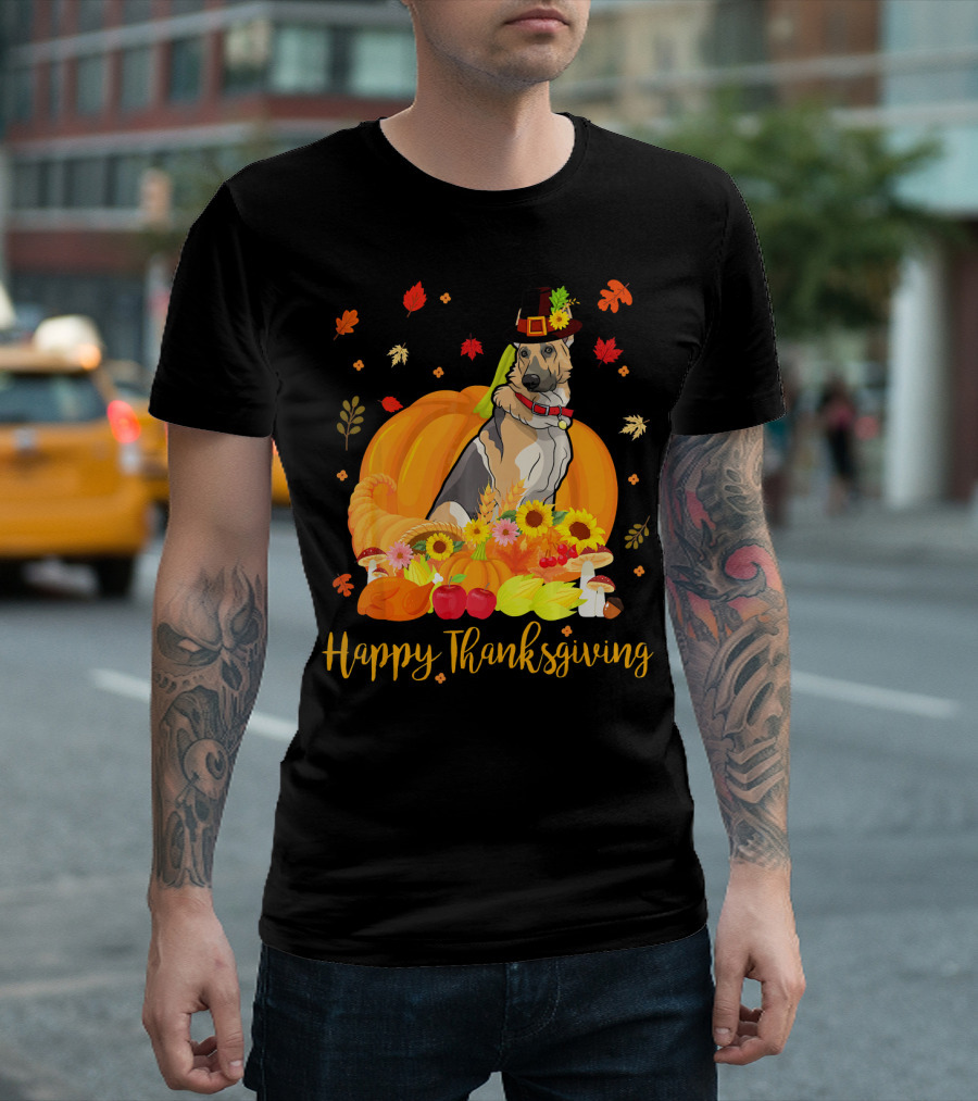 Happy Thanksgiving German Shepherd Dog with Pilgrim Hat Pumpkin Cornucopia T-Shirt
