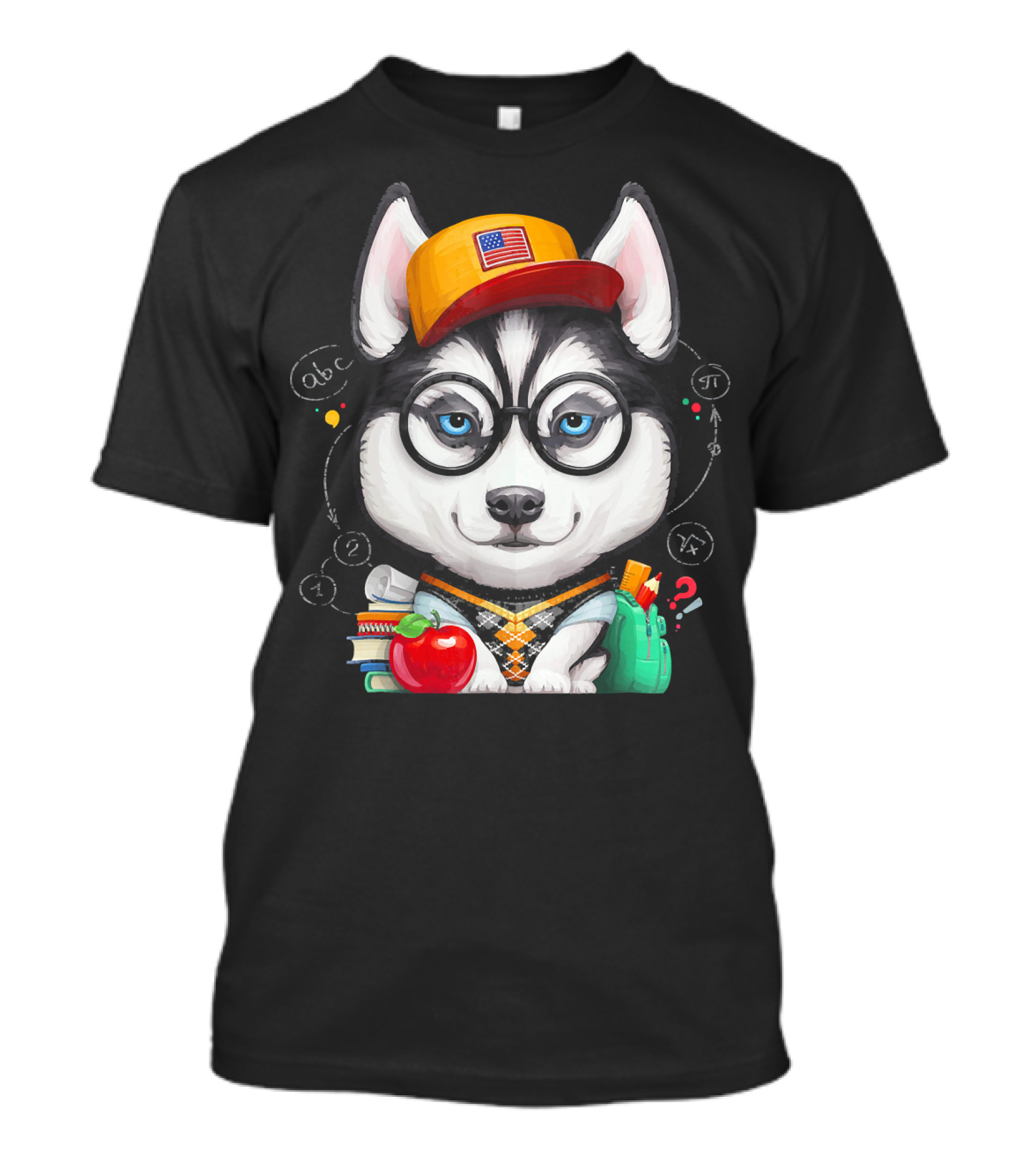 Siberian Husky Schoolkid With Books And Apple In Glasses And American Hat T-Shirt