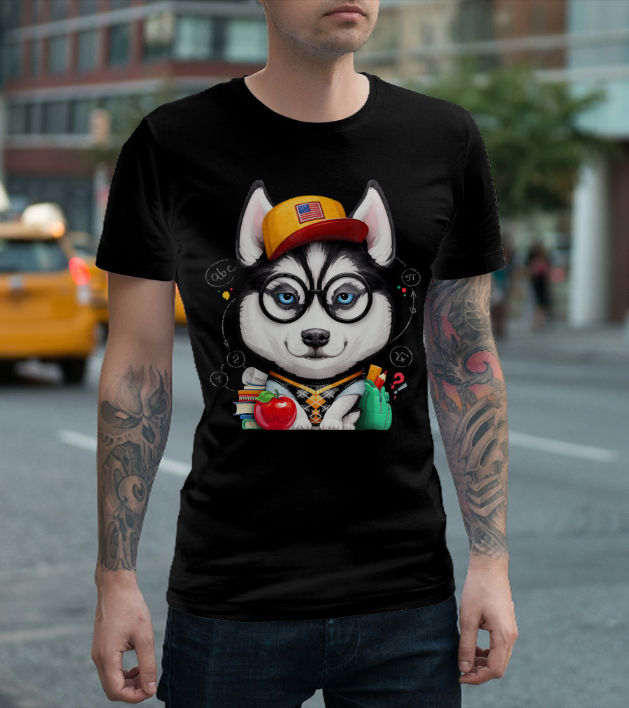 Siberian Husky Schoolkid With Books And Apple In Glasses And American Hat T-Shirt