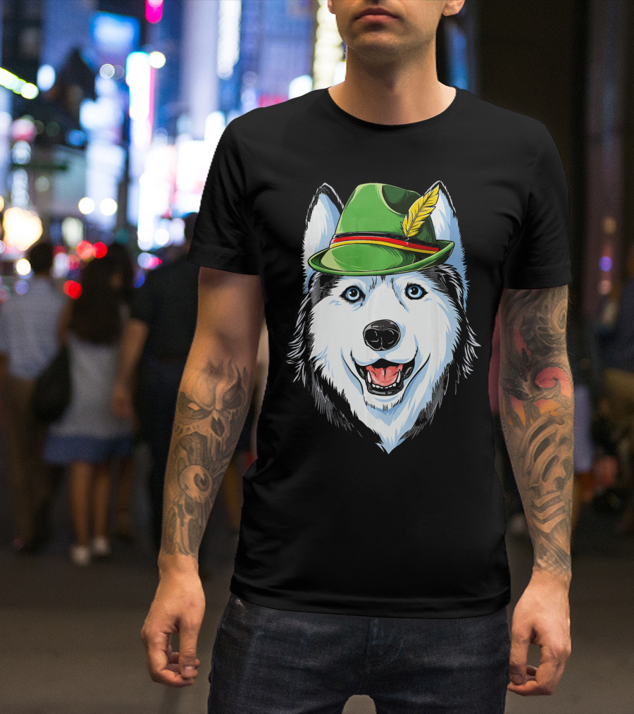 Siberian Husky Oktoberfest Kids Boys Led German Hat Feather T-Shirt