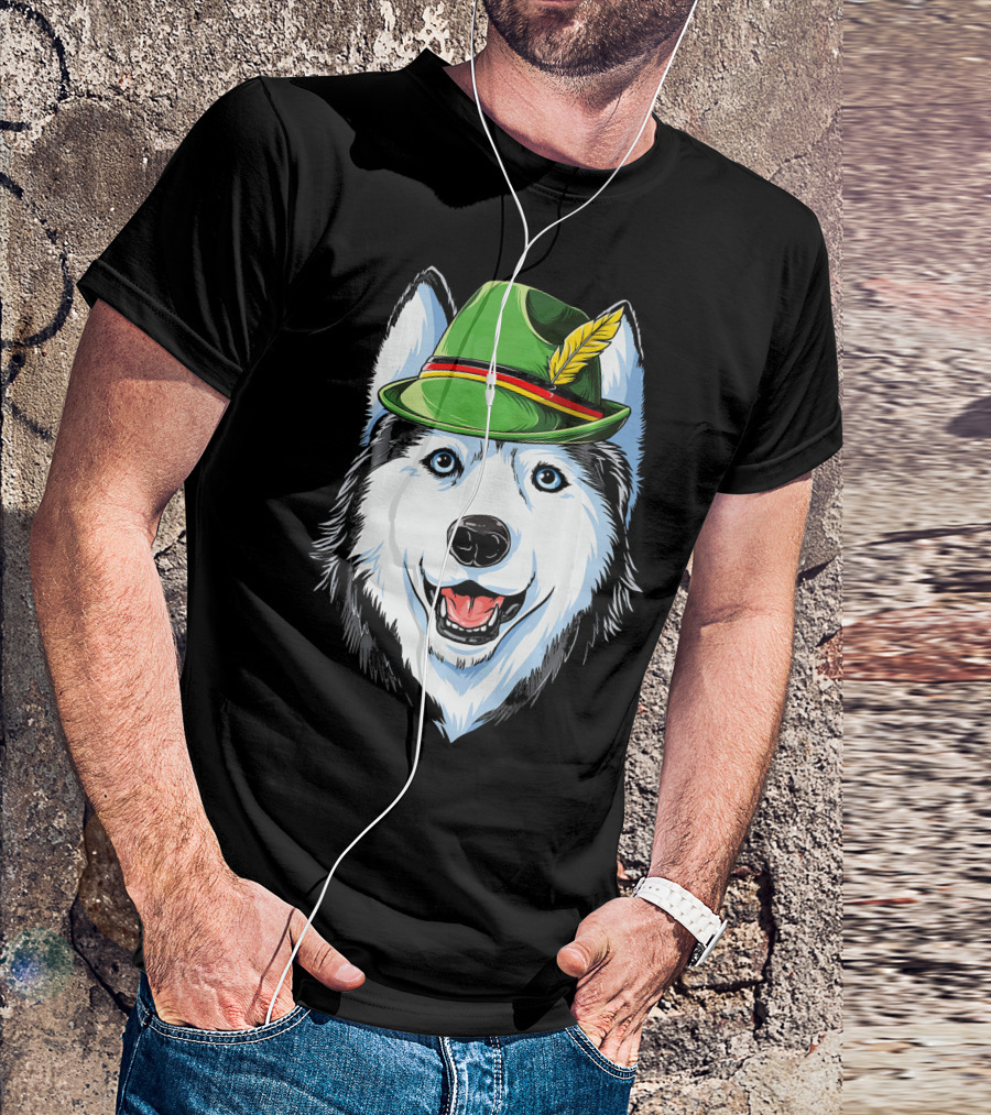 Siberian Husky Oktoberfest Kids Boys Led German Hat Feather T-Shirt