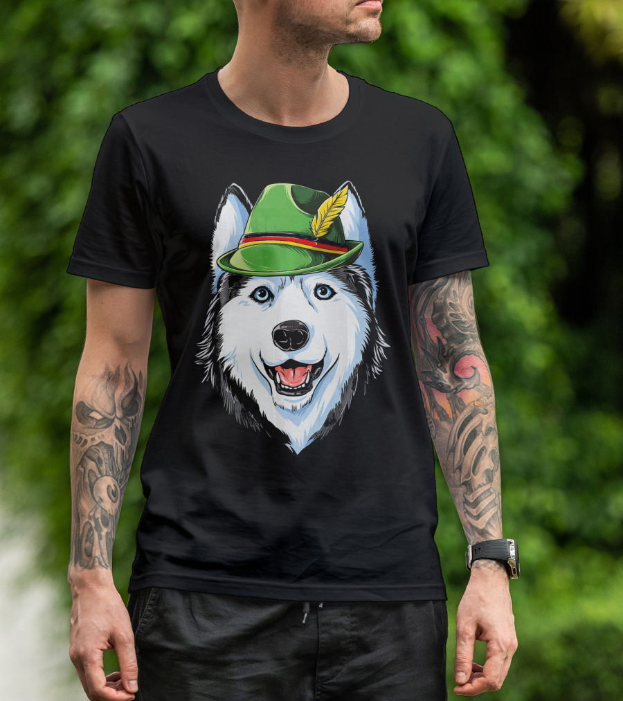 Siberian Husky Oktoberfest Kids Boys Led German Hat Feather T-Shirt