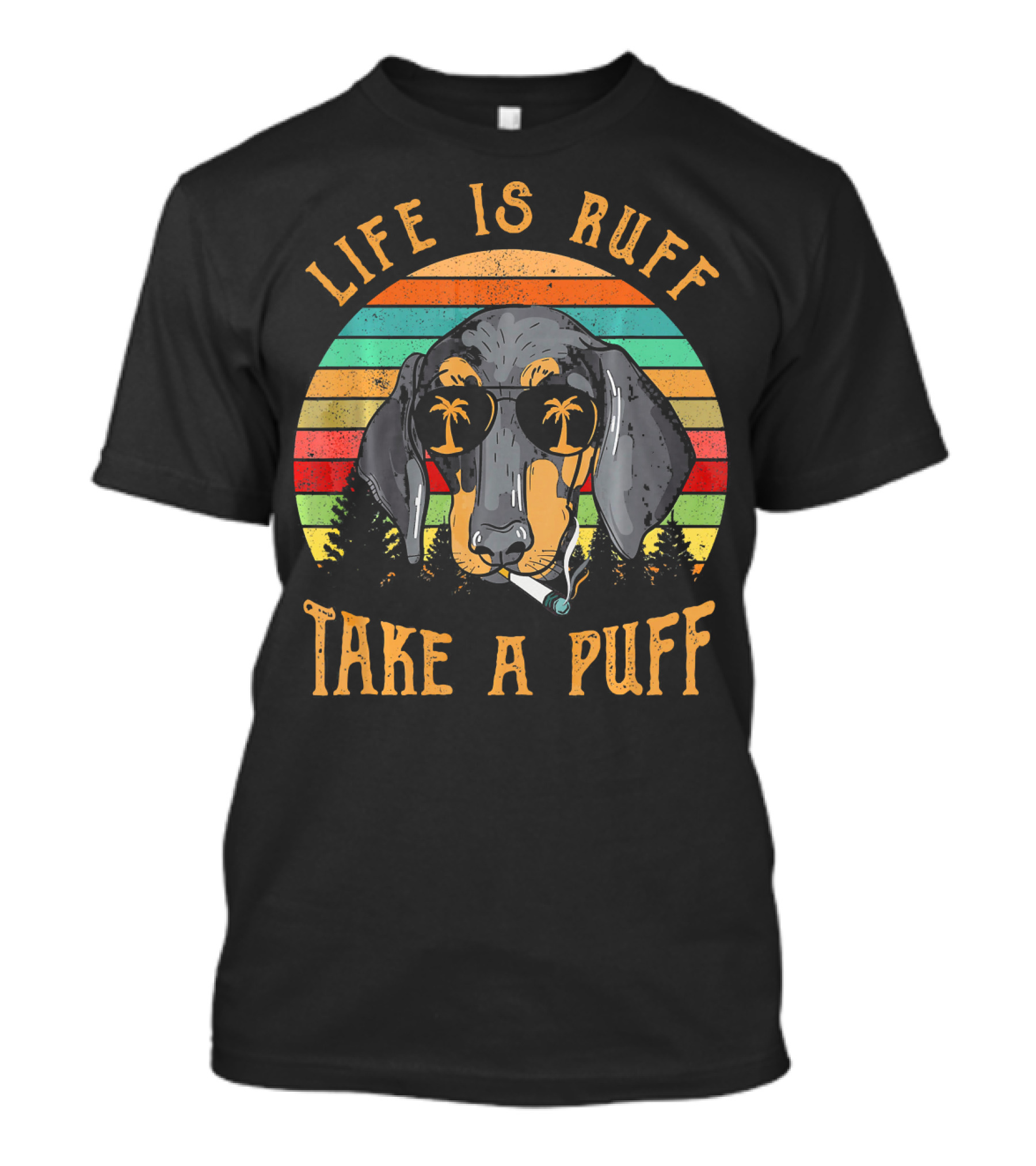 Life Is Ruff Take A Puff Vintage Dachshund Retro Palm Trees T-Shirt
