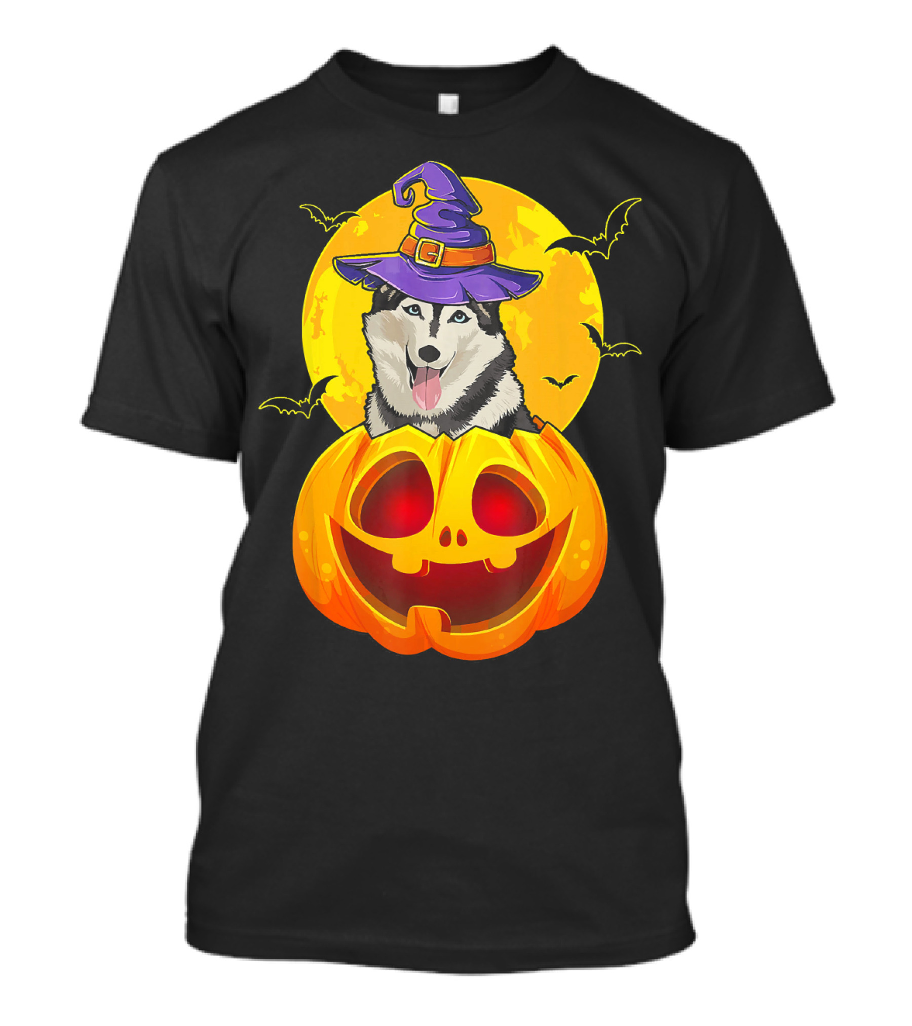 Siberian Husky In Witch Hat Inside Jack O Lantern With Full Moon And Bats T-Shirt