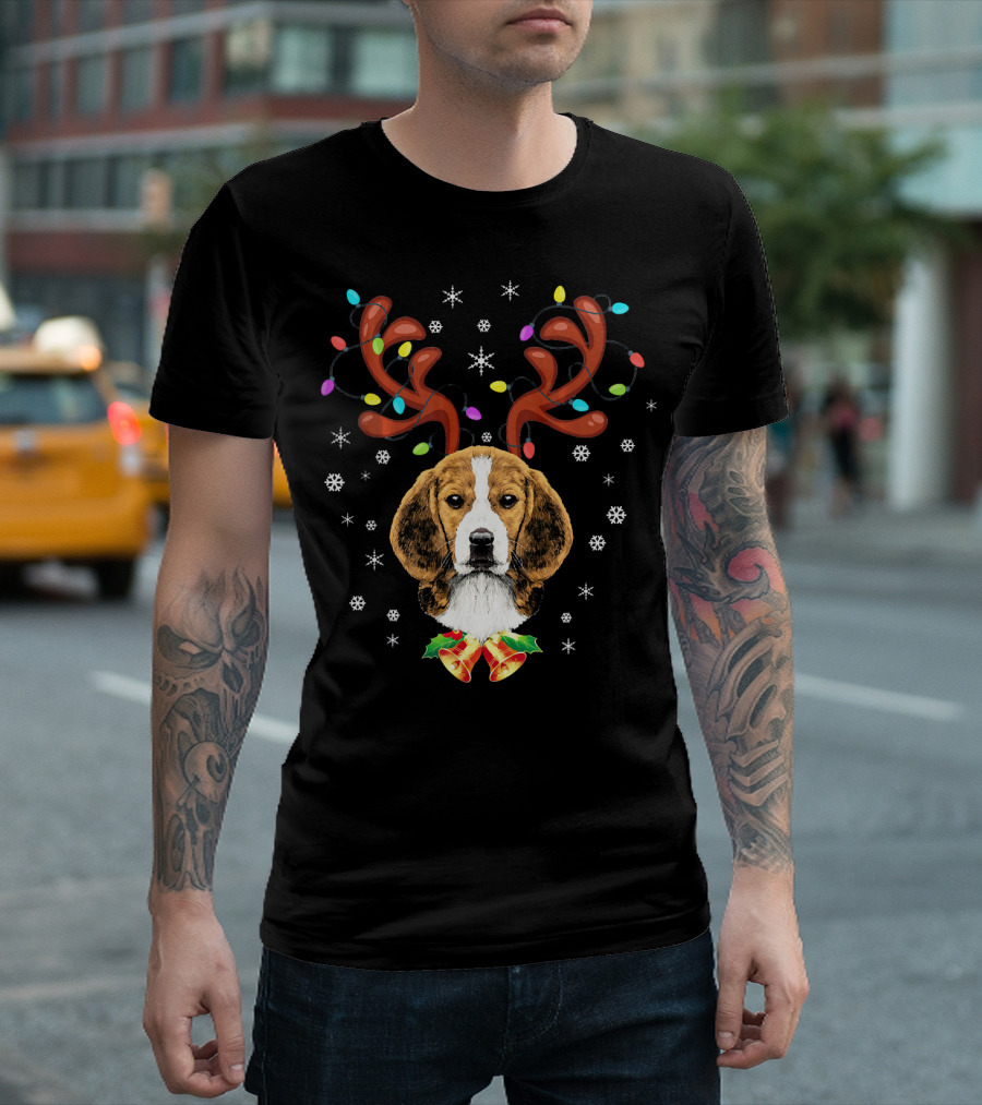 Xmas Funny Beagle Reindeer Horns with Colorful Lights and Snowflakes T-Shirt