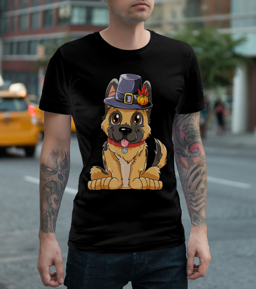 Thanksgiving German Shepherd Dog in Pilgrim Hat T-Shirt