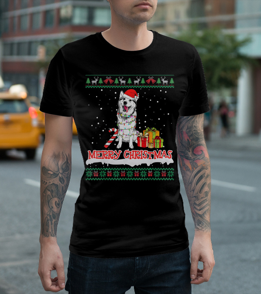 Merry Christmas Siberian Husky Wrapped in Lights with Gifts and Candy Cane T-Shirt