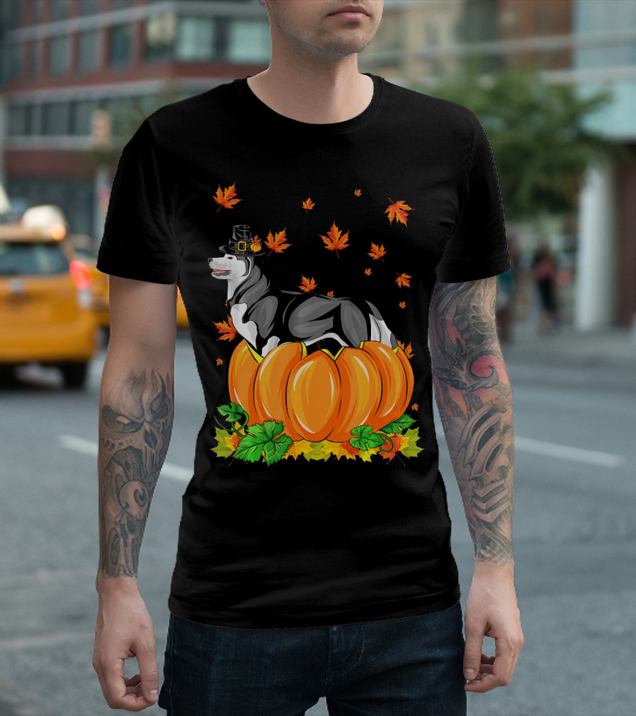 Thanksgiving Husky Dog in Pilgrim Hat with Pumpkins and Autumn Leaves T-Shirt