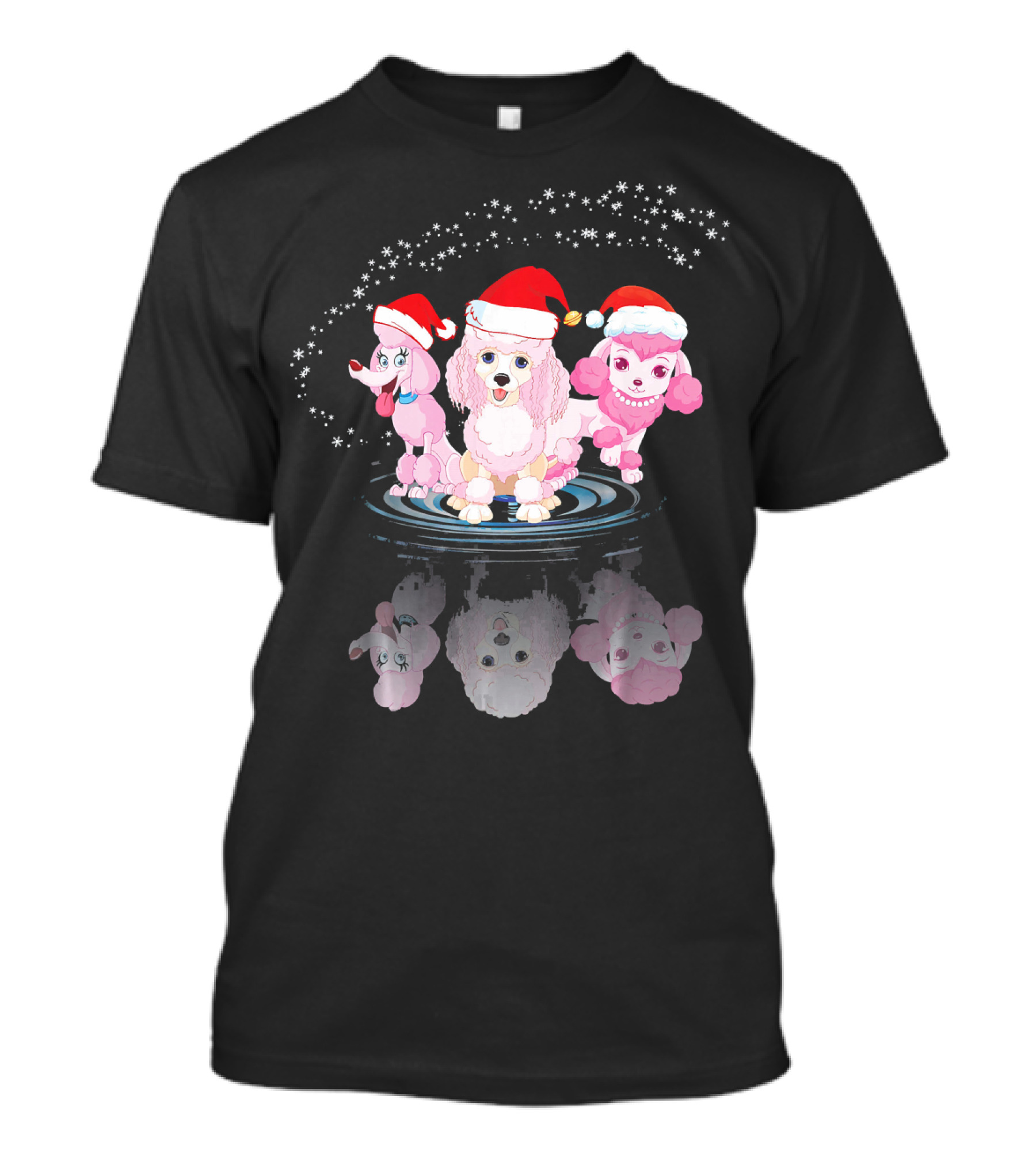 Three Poodle Dogs Santa Hats Christmas Reflection Scene T-Shirt