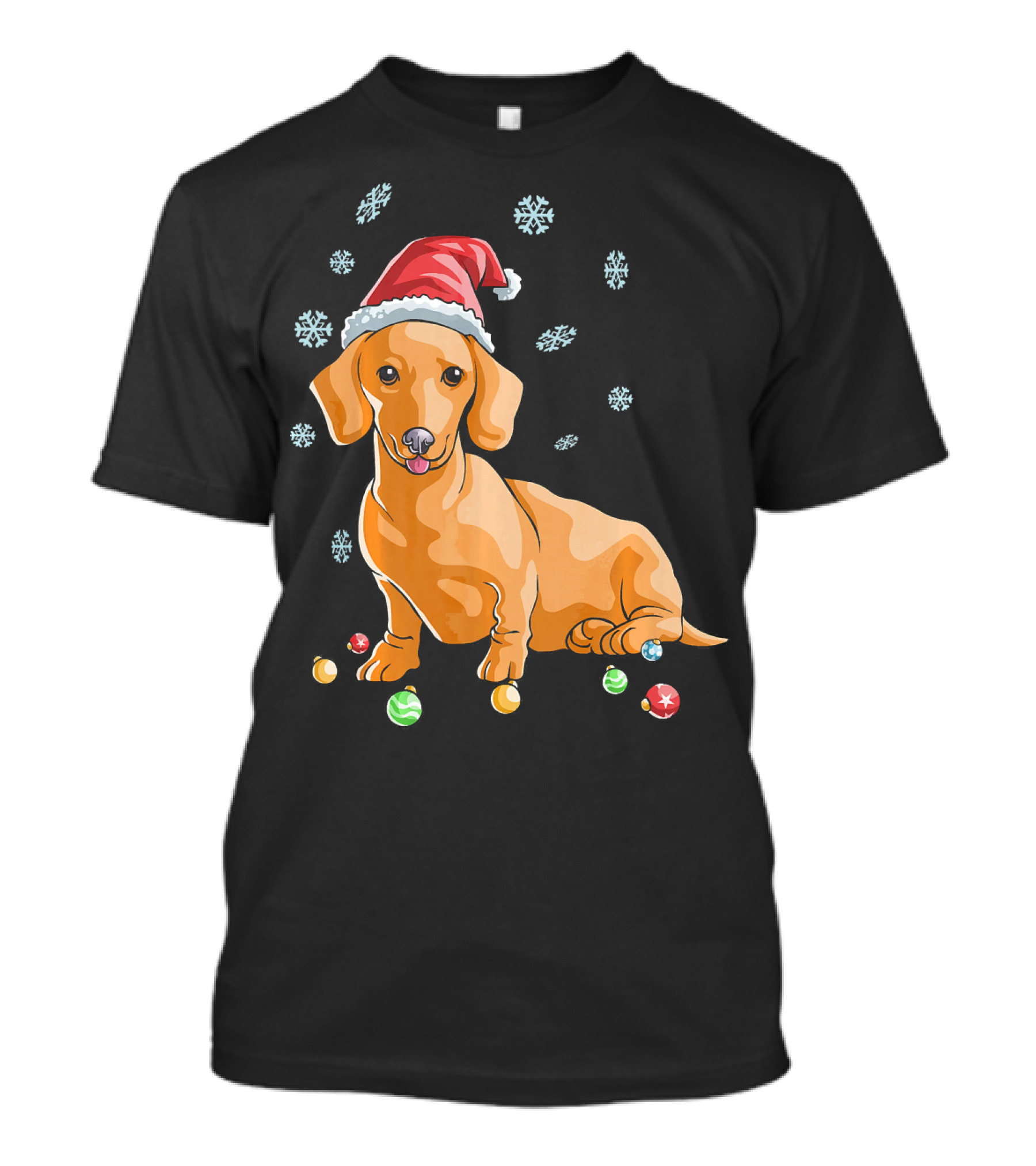 Wiener Dog Dachshund Puppy Santa Hat Christmas Snowflakes Ornaments T-Shirt