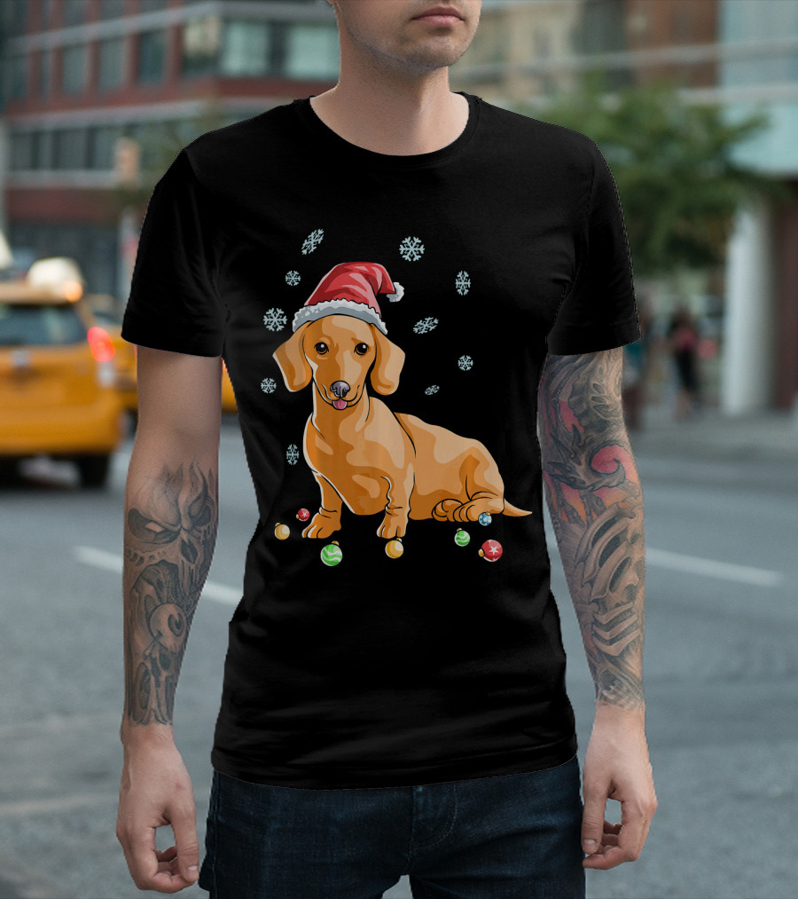 Wiener Dog Dachshund Puppy Santa Hat Christmas Snowflakes Ornaments T-Shirt