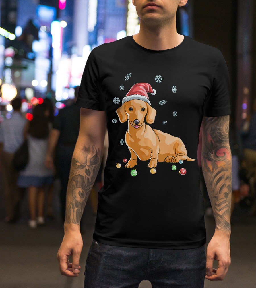 Wiener Dog Dachshund Puppy Santa Hat Christmas Snowflakes Ornaments T-Shirt