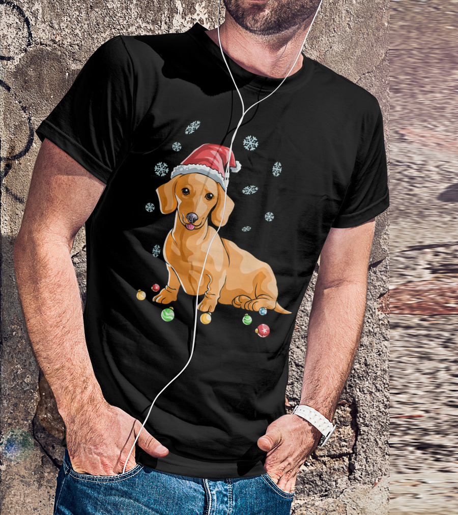 Wiener Dog Dachshund Puppy Santa Hat Christmas Snowflakes Ornaments T-Shirt