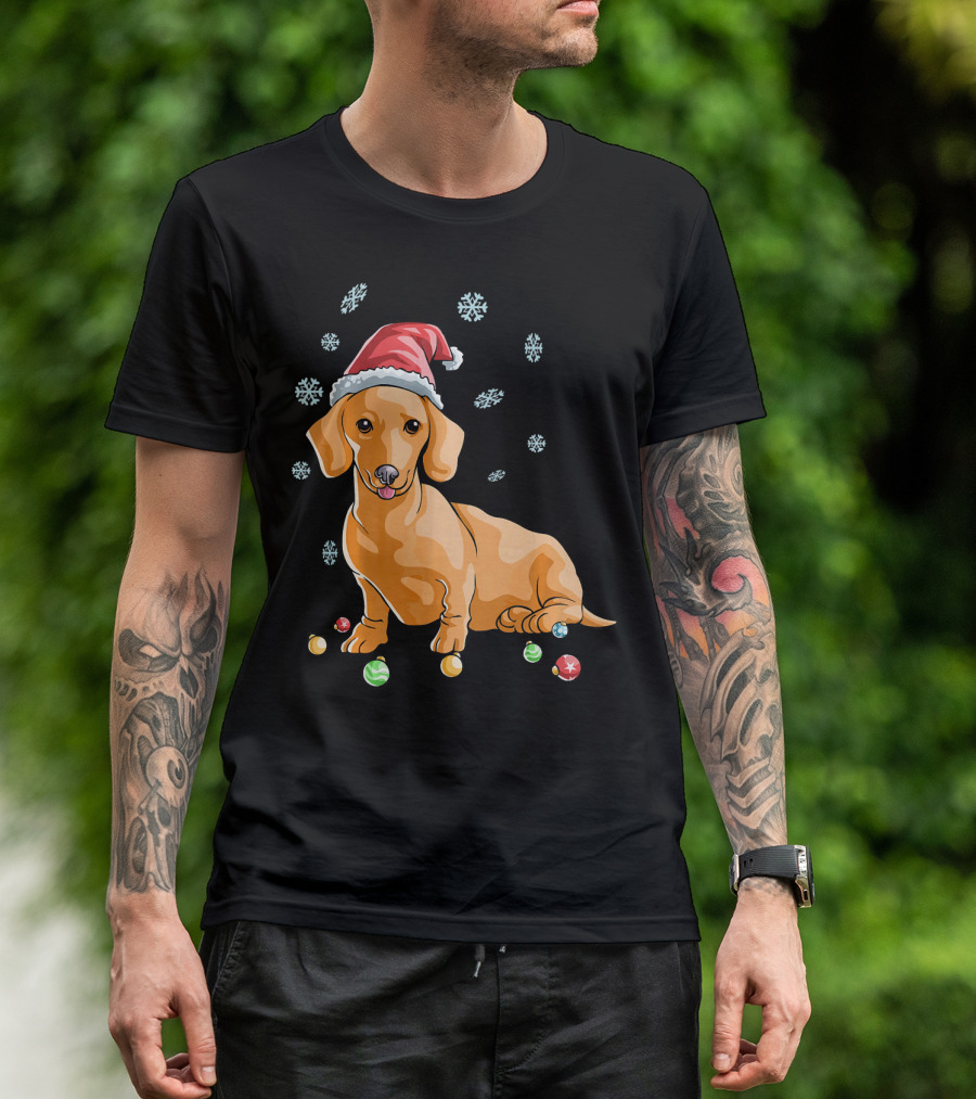 Wiener Dog Dachshund Puppy Santa Hat Christmas Snowflakes Ornaments T-Shirt