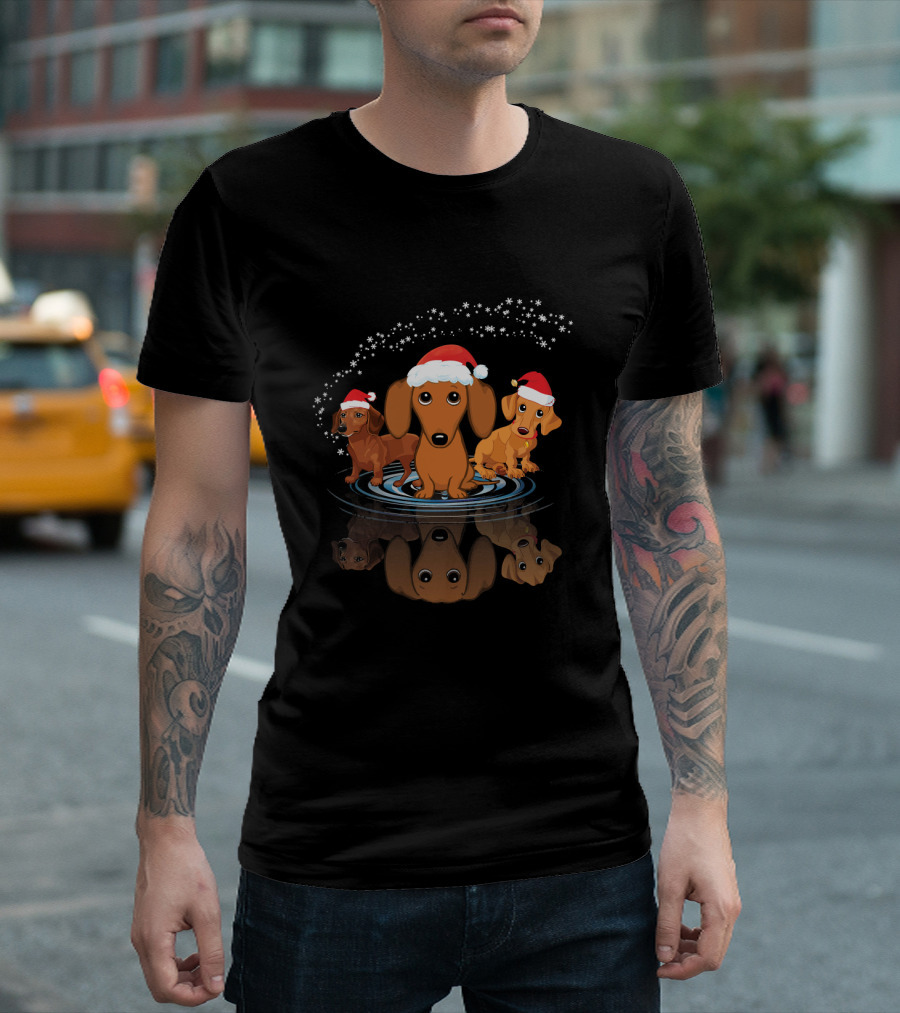 Three Dachshund Dogs Christmas Santa Hats With Reflection T-Shirt